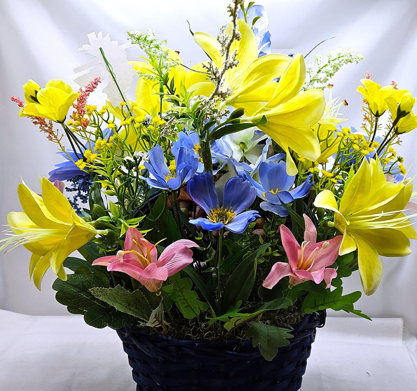 Jesus Sitting with Bunny in Easter Egg Garden and Blue/Yellow Spring Flowers/Other Egg and Bunny Accents, Happy Easter Sign