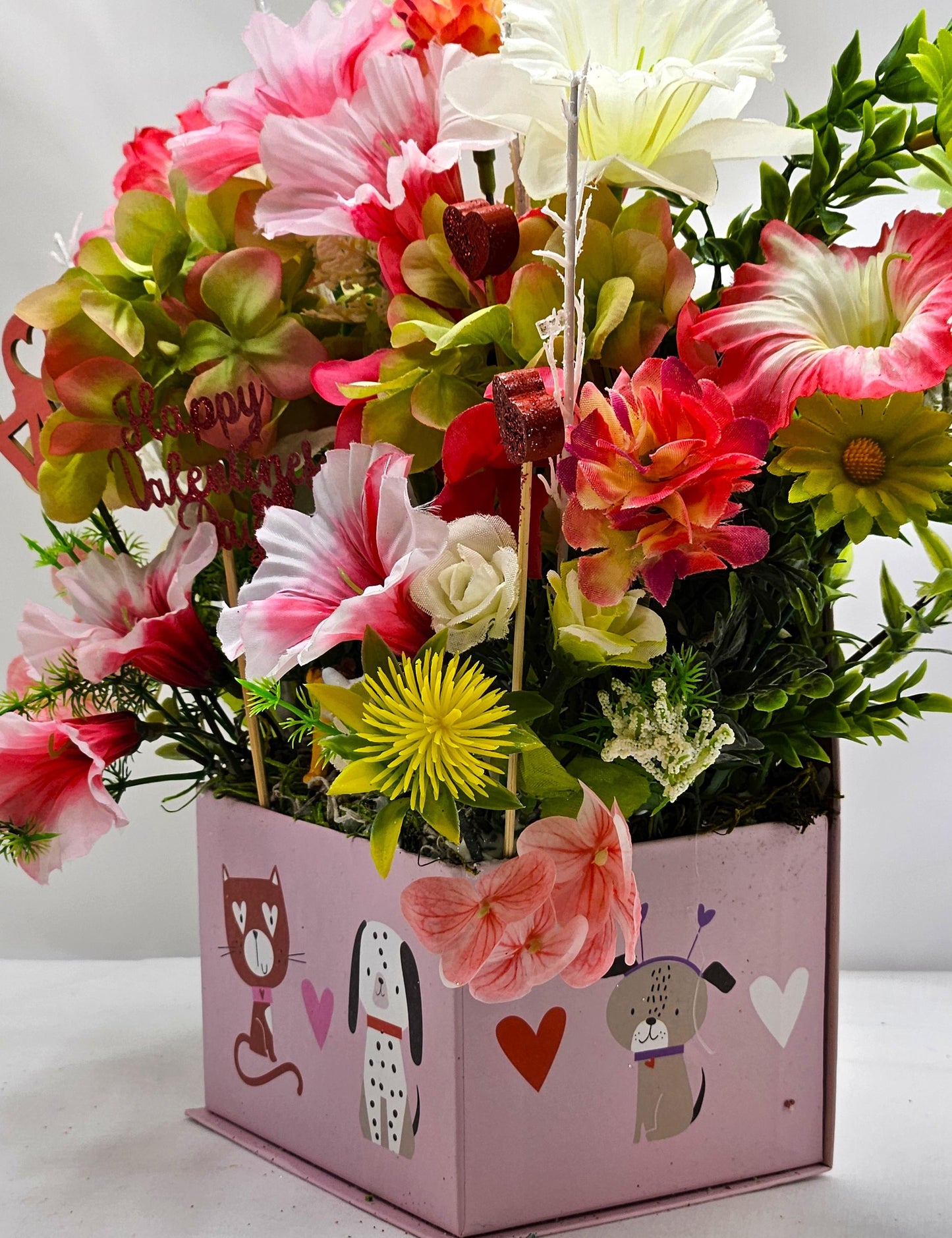 Paw-Fect Togethe Romantic Floral Gift in Decorated Box, Puppy Figures/Hearts/Pink/Green Flowers/White Glitter Accents/Love Gift