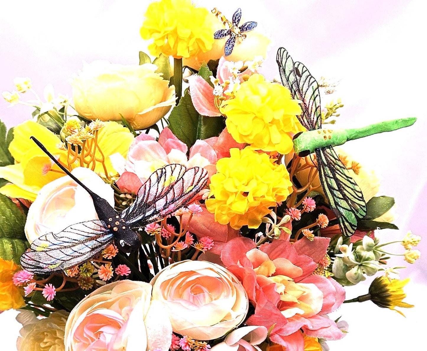 Rainboot Flower Arrangement  Dragon Fly in yellow/peach Colors, Great Gift for Her, Birthday Gift, Great for the DragonFly Lover