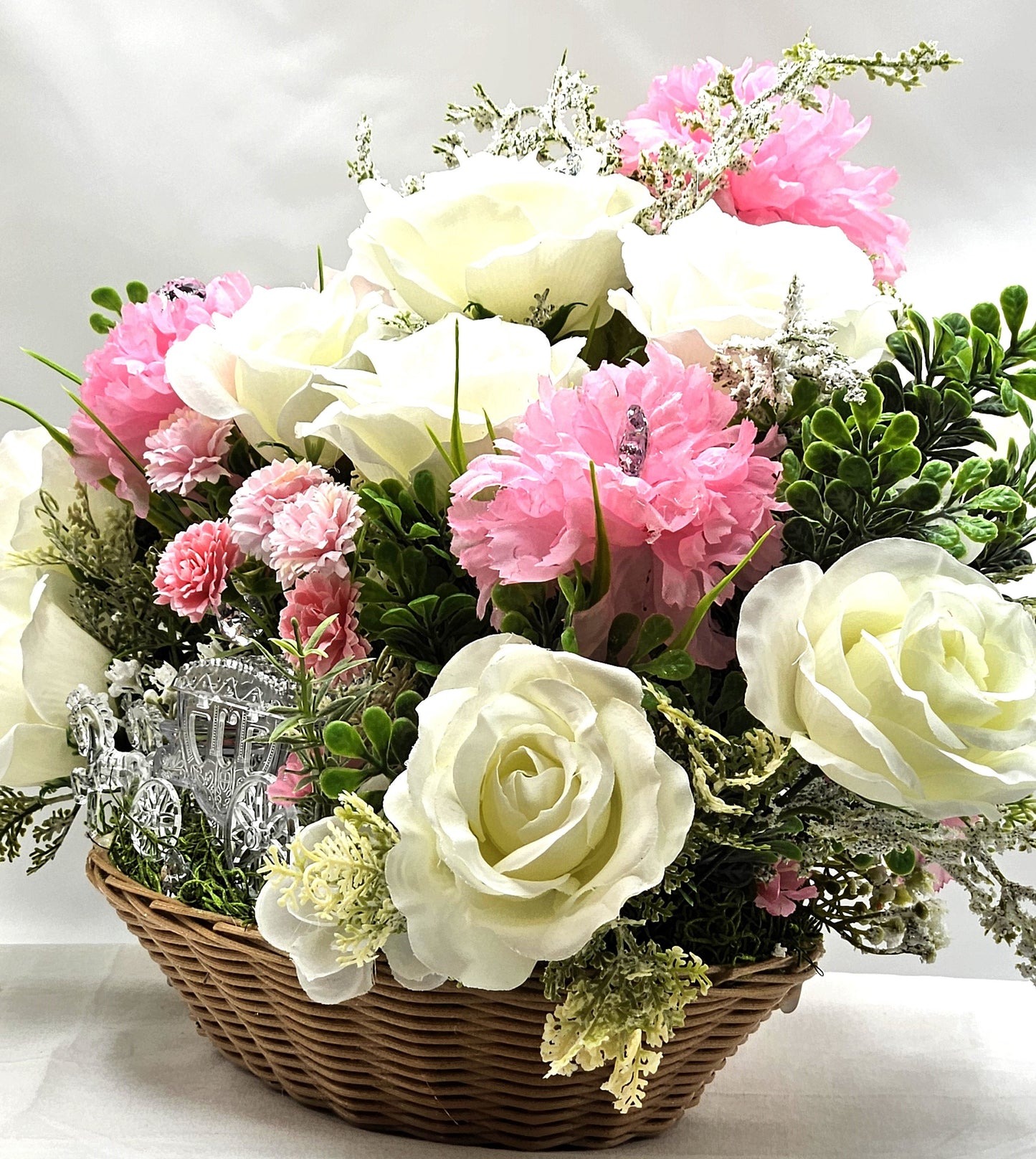 Crystal-Like Horse and Buggy, Princess Carriage, Floral White Roses, Pink Carnations, Sparkle Accents, Bridal Decor