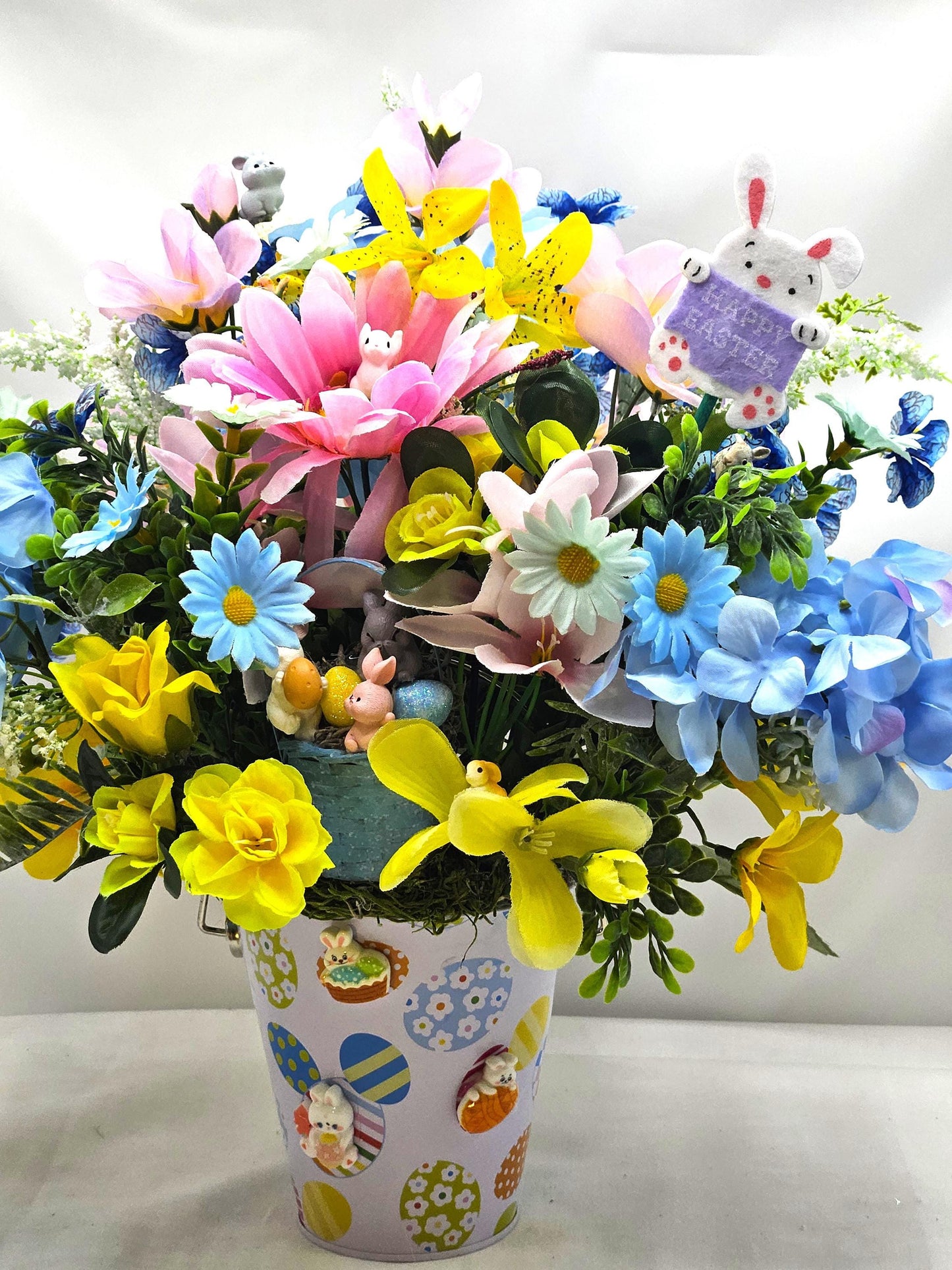 Whimsical Easter Centerpieces/Egg-Decorated Pail, 2 Options, A Ciute Rabbit Couple orr Bunnies in a Basket, Bunny/Egg Accents/Bright Florals