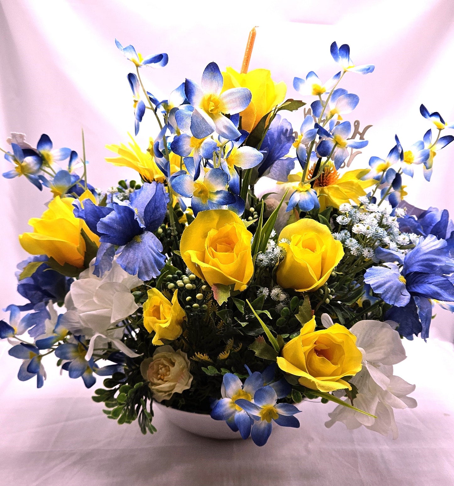 Happy Birthday to "Moo" Cow Lovers Flower Arrangement, Presents/Candles/Balloons/Birthday Sentiments, Blue/Yellow Flowers, Can Personalize