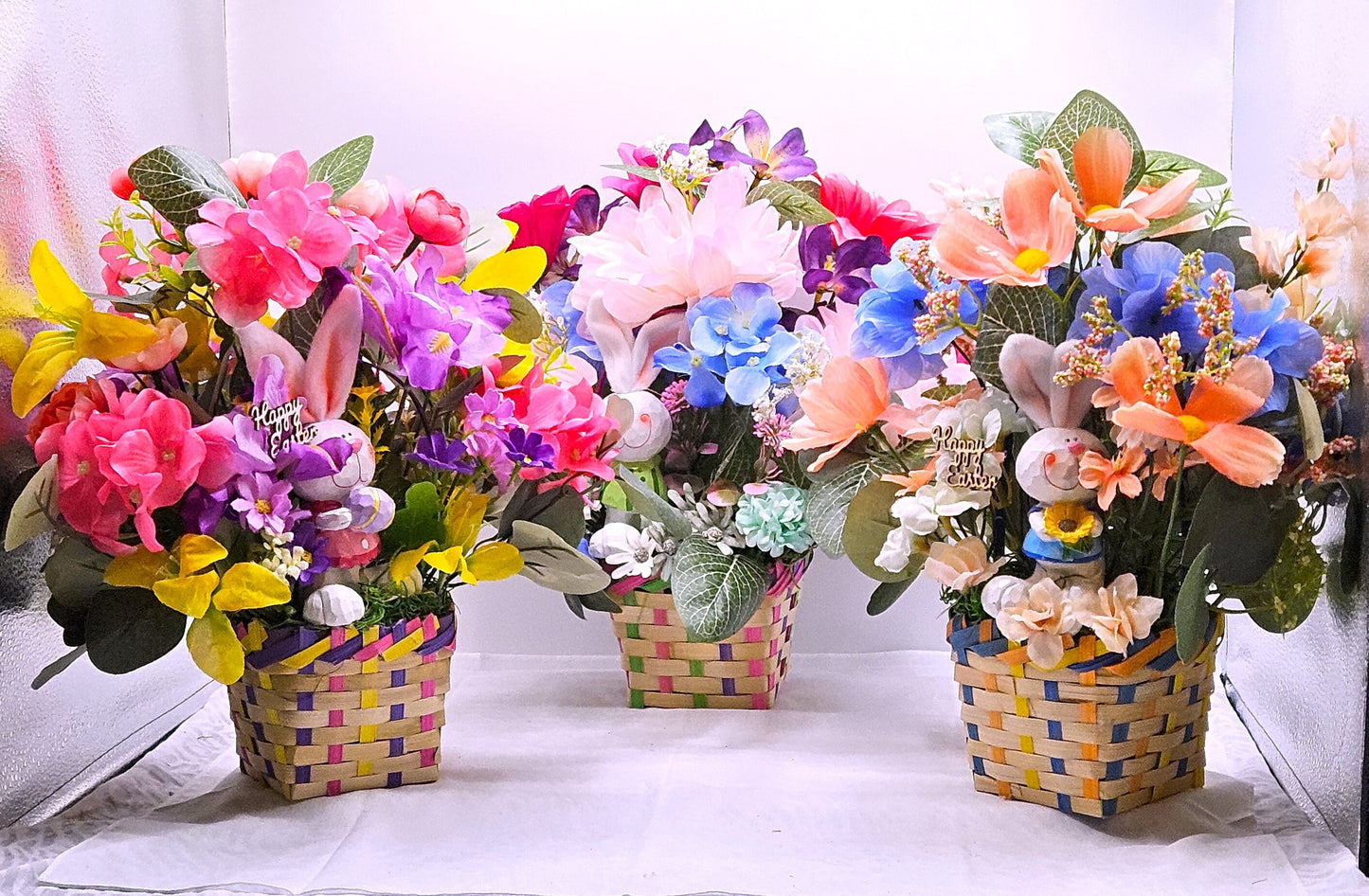 Cheerful Easter Bunnies with Spring Blooms in Easter Basket - 3 Options