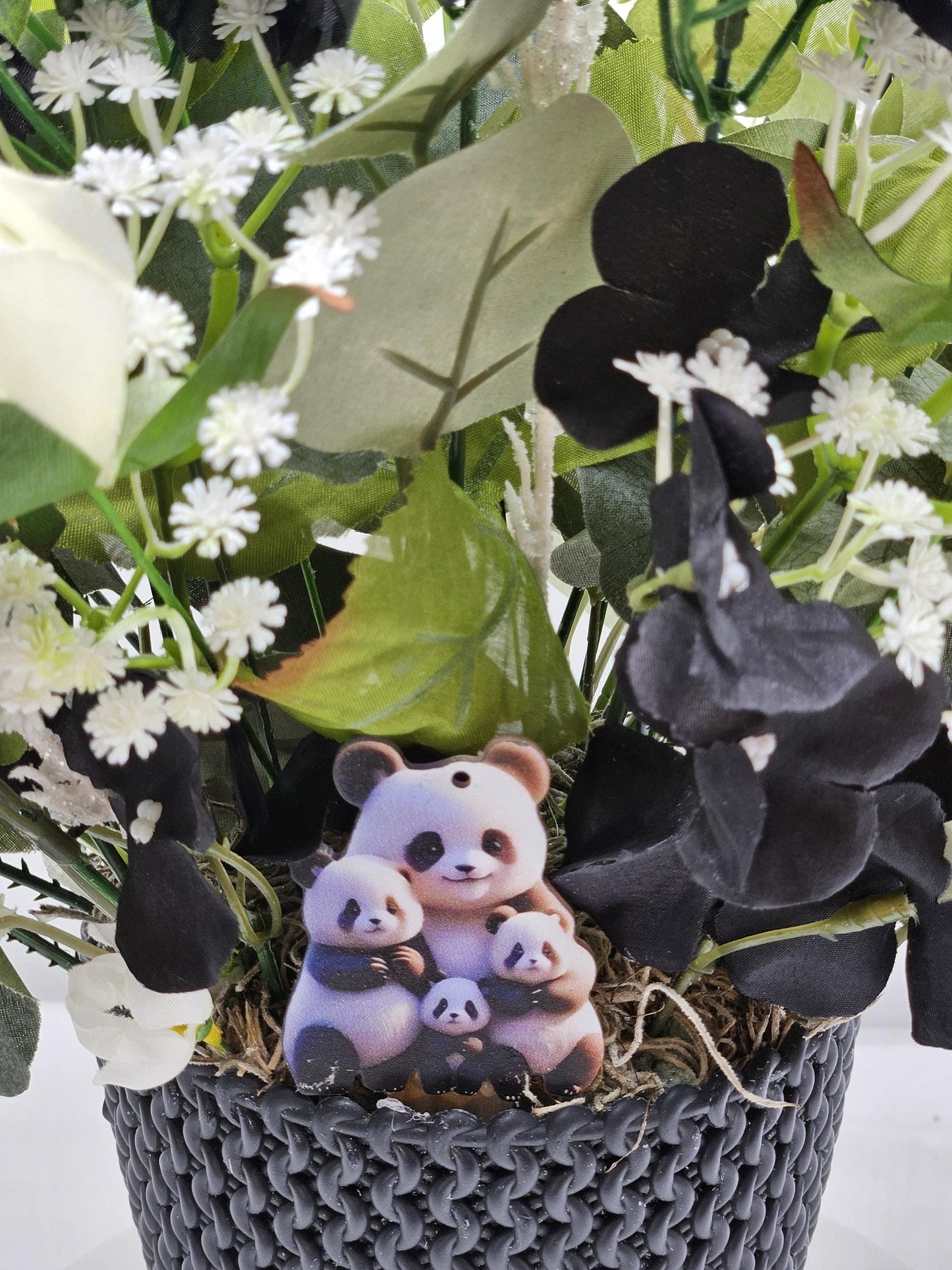 I Love Pandas Flower Arrangement/Black Flower Pot/White Roses/Black Carnations/Panda Bear Accents/Great Gift or Home Decor/Panda Bear Lover