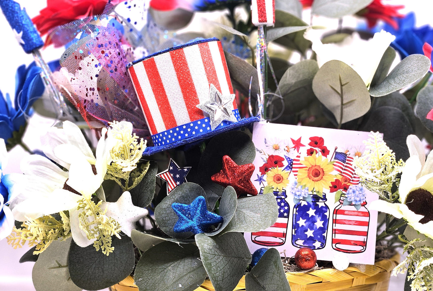 God Bless America Flower Arrangement, Patriotic Floral Sign, Red/White/Blue Top Hat, Daisies and Other Flowers, Fireworks, Stars