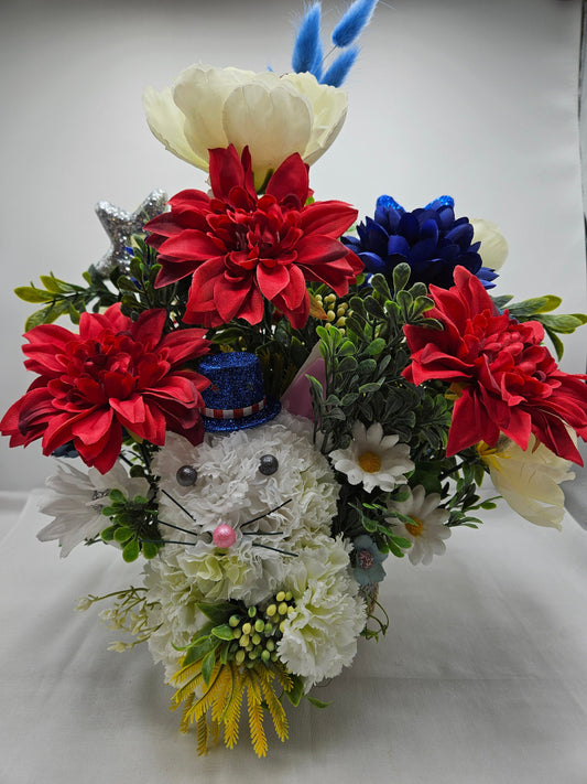 Floral Garden Cat Sculpture, White Carnation Cat, Gray Pearl Eyes, Pink Pearl Nose, American Tophat, Patriotic