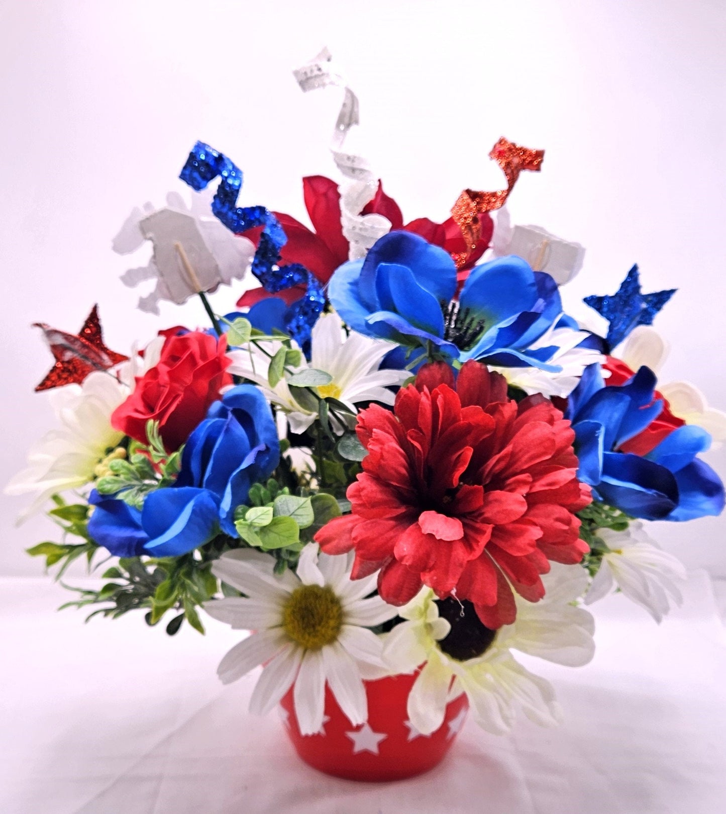 Patriotic Flower Arrangements, Red White Blue Flowers, God Bless America Sign, Celebrate America Decor