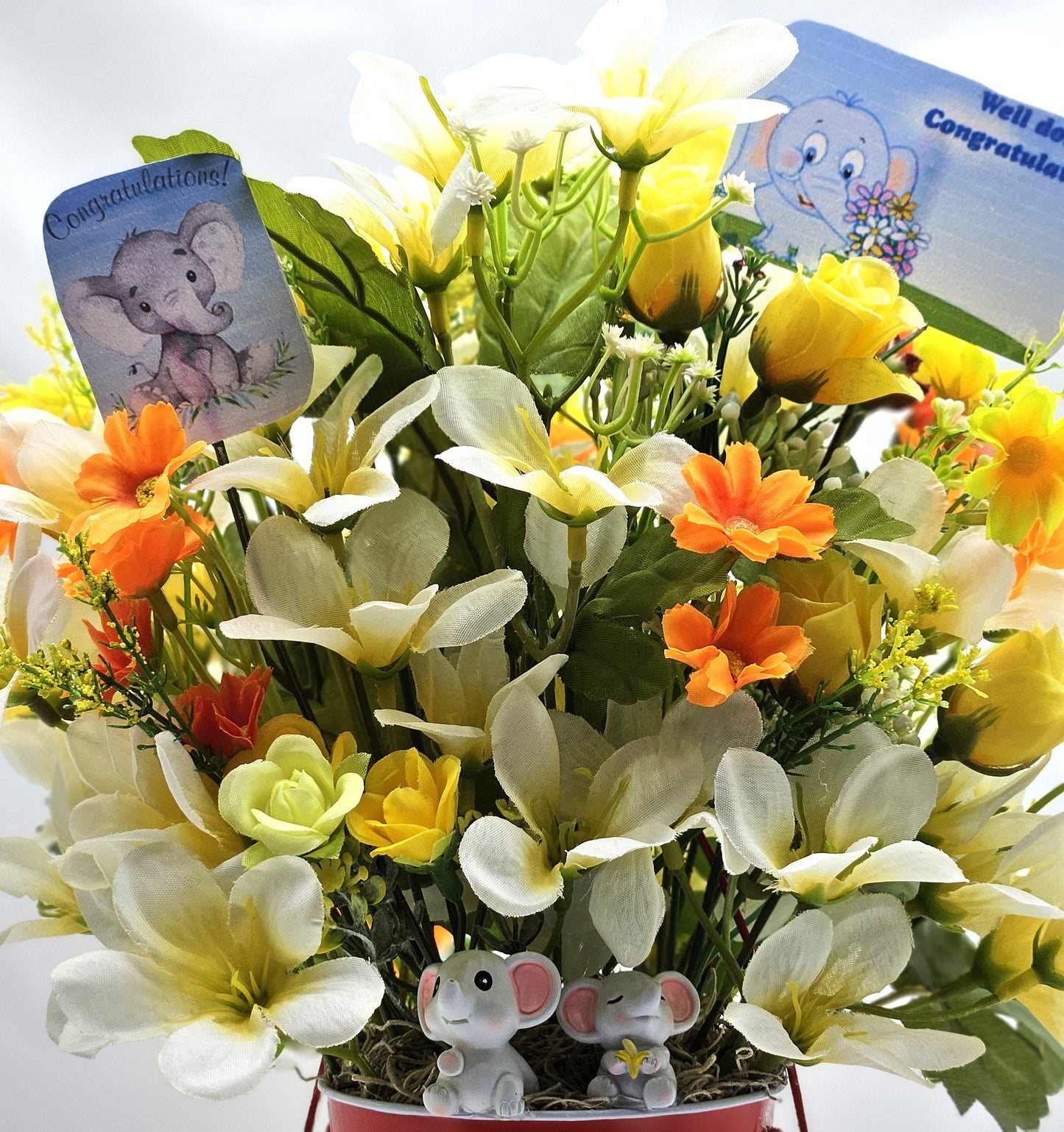 Congratulations Elephant Flower Arrangement - Yellow & White Flowers in Red Bucket, with Heartfelt Messages, Congratulations Gift