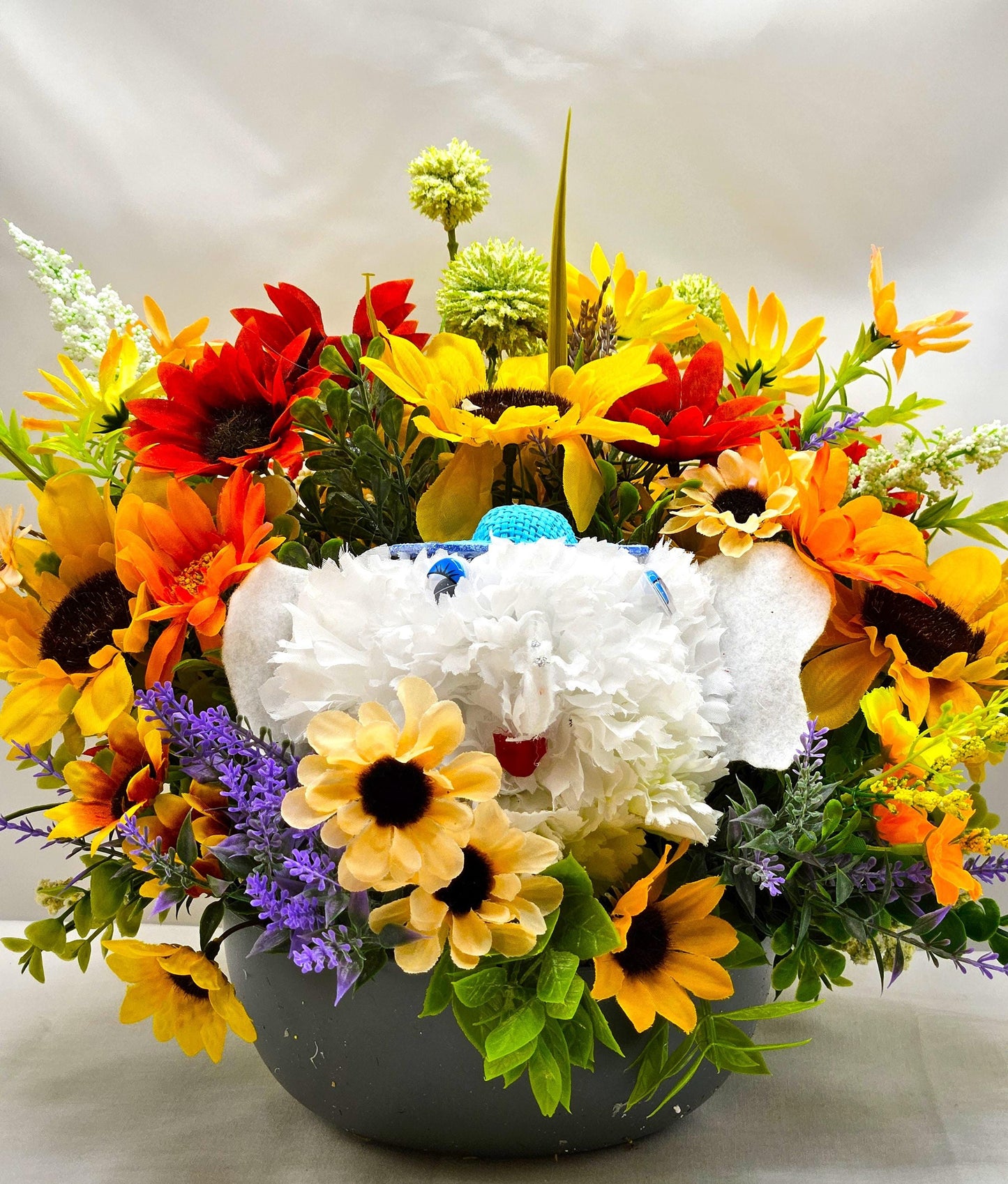 Faux Silk Carnation Elephant Flower Arrangement Amidst Colorful Wildflowers, Elephant Lover Gift, Birthday, Get Well, Thinking of You Gift