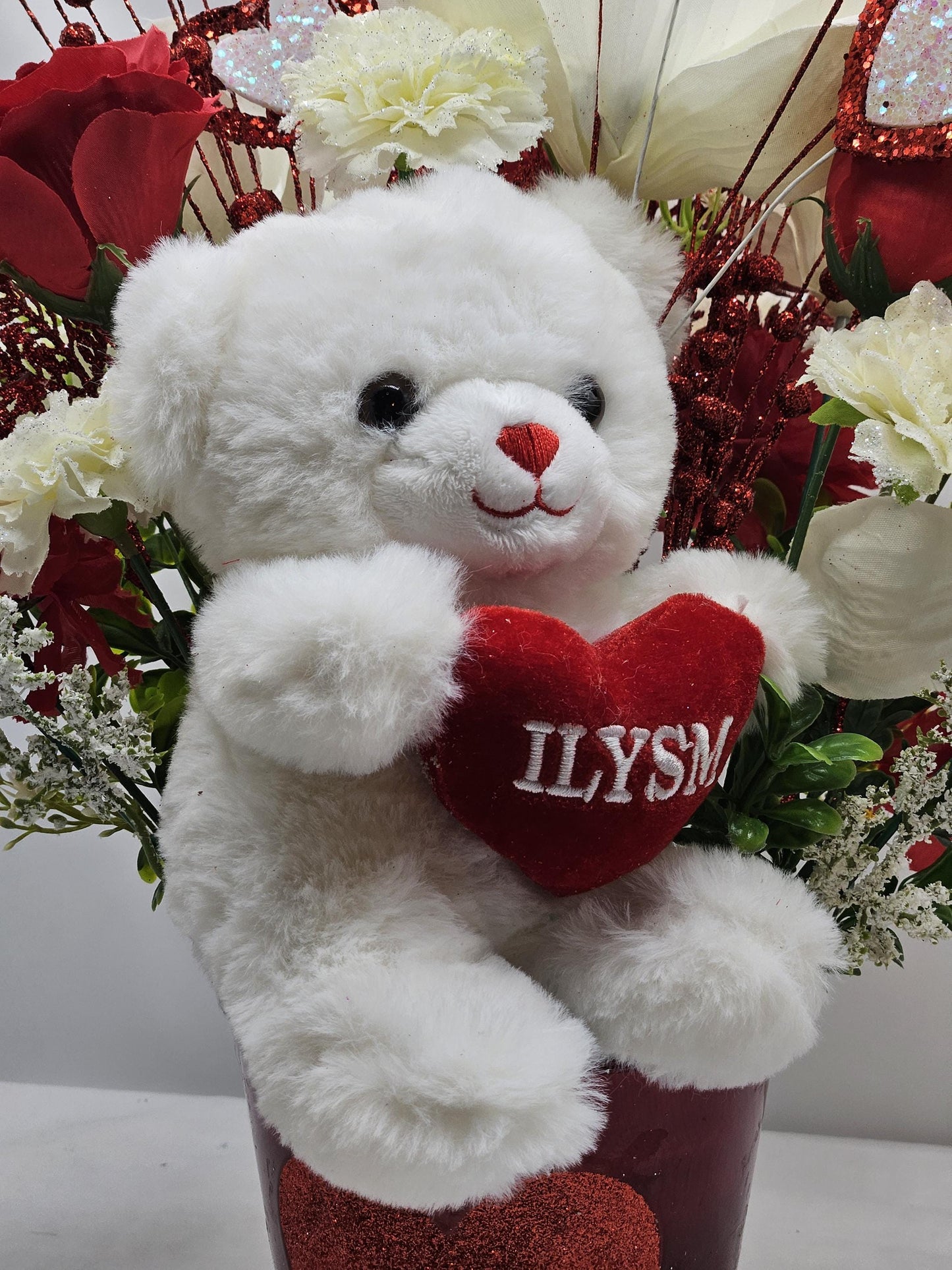 Love Teddy Bear or Flying Pig Floral Centerpiece, Roses Carnations Magnolias, Glittery Hearts, Home Decor, VALENTINE