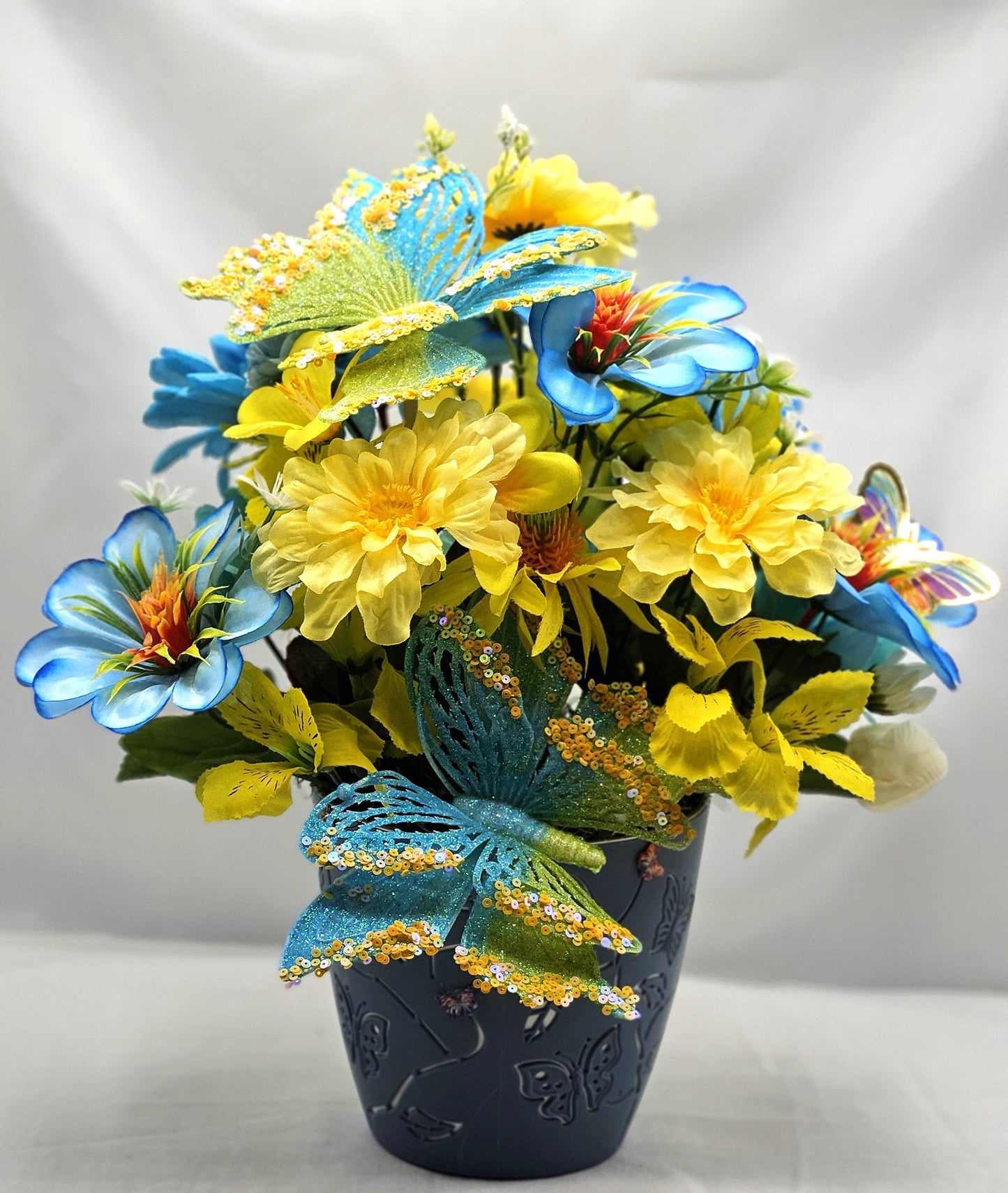 Butterfly Flower Arrangement, Sparkling Butterflies and Florals in Decorated Butterfly Pot, Yellow/Teal Blue Flowers & Butterfly Accents