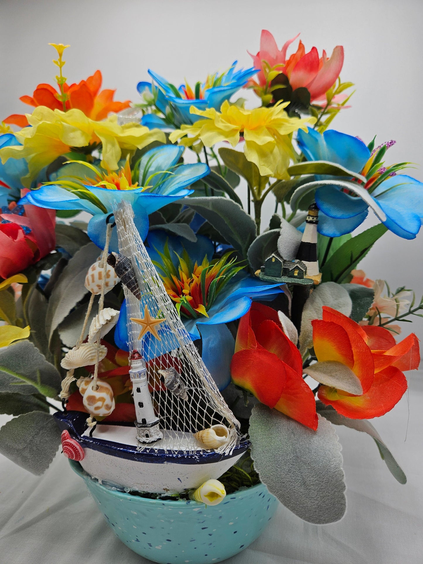 Seaside Serenity Coastal Decor, Sailboat and Lighthouses, Teal/Aqua Flower Arrangement, Beach Lover Gift, Sea Life Decor