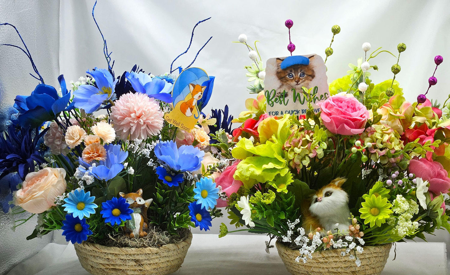 Get Well/Feel Better Floral Arrangements, 2 Options, Cute Fox Theme/Pink/Blue Florals Or Fluffy Cat Theme/Pink/Green Florals/Glitter/Signs