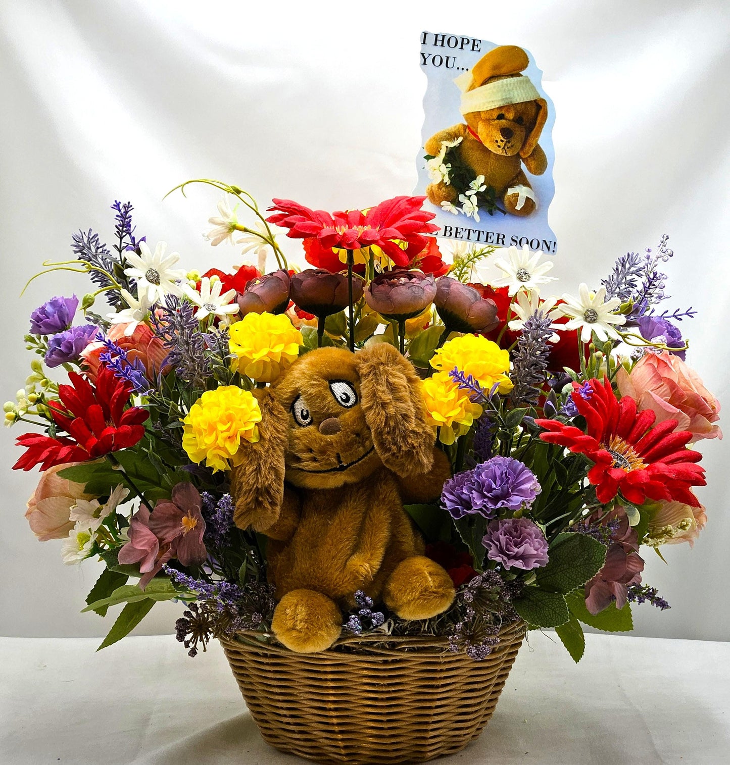 Get Well Floral Centerpiece with Cute Dog/Lift Someones Spirit W/This Charming Gift/Chase Away the Blue sand Make Someone Smile/Colorful