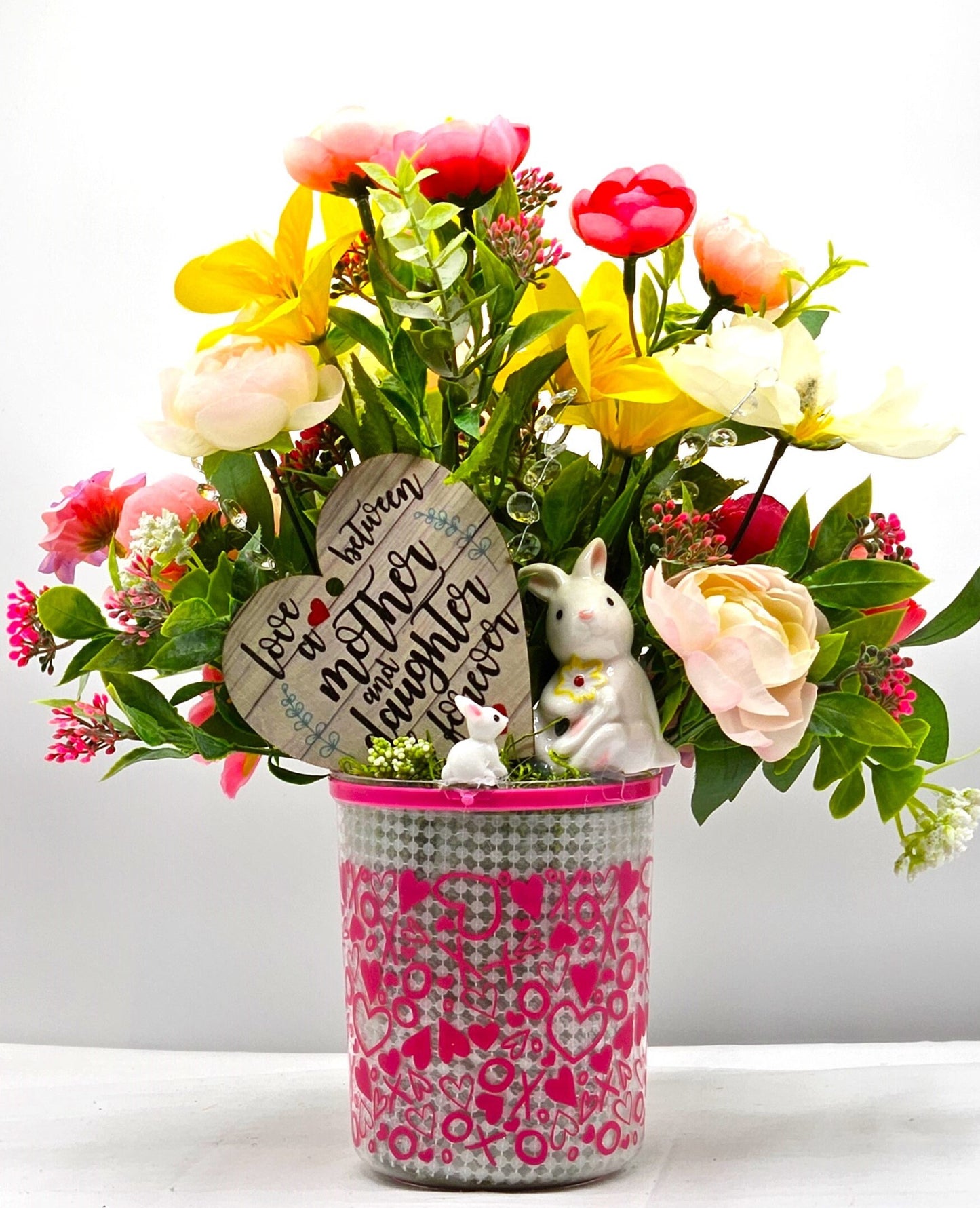 Momma & Baby Rabbits Floral Centerpiece, Heart-Deco Pot with Pink/Yellow Blossoms - Mother's Day Gift, Birthday for Her Gift