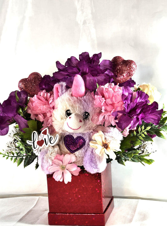 Romantic Unicorn  Gift, Love Gift Unicorn Lover, Sweetheart Flowers with Unicorn in Red Gift Box