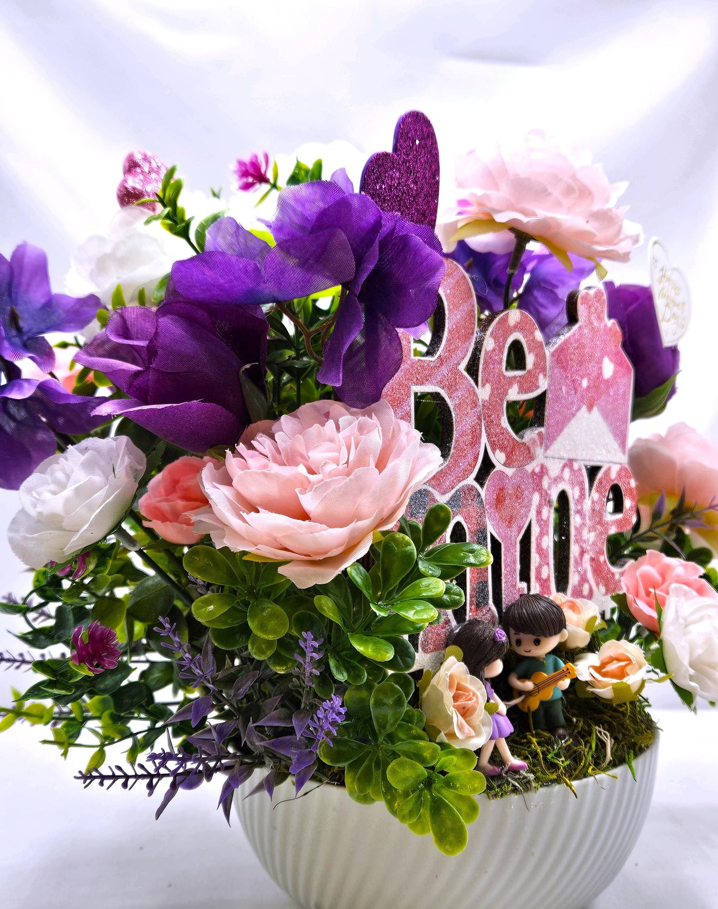 Romantic Bee Mine Card, Valentine Day Greeting, Pink Purple Greenery Scene, Couple in Love, Heart Flowers