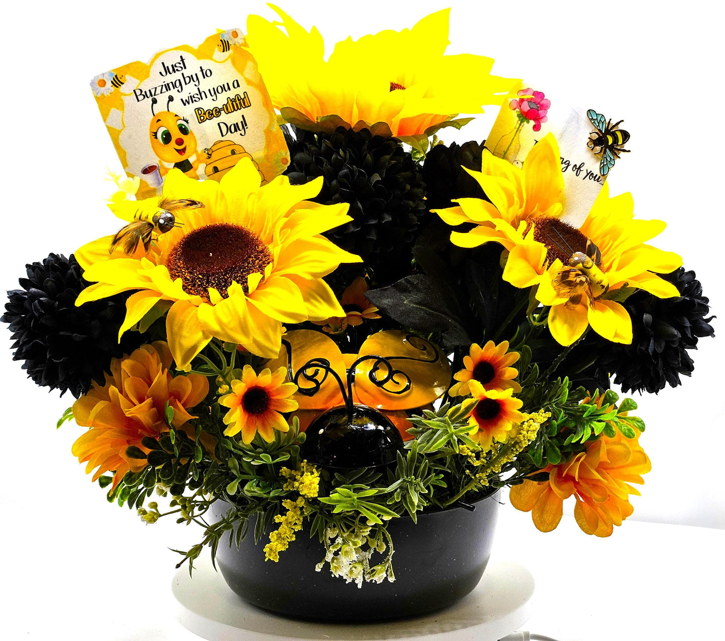 Thinking of You, Buzzing By Bee Lovers Floral Arrangement, Large Bee w/Bee accents, Yellow Sunflowers/Black Carnations Set in Black Bowl
