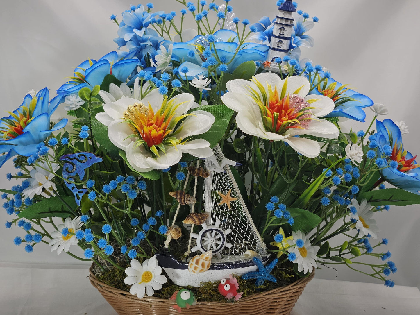 Love the Beach Tropical Floral Arrangement, Sea Shells, Turtle, Starfish, Lighthouse Decor, Blue & White Florals