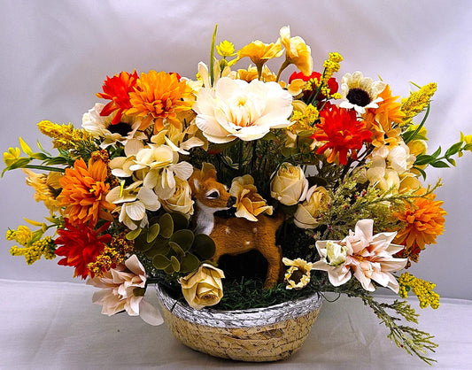 Natural Woven Basket Flower Arrangement with Flock Deer amidst Spring WildFlowers of Roses, Hyacinths and More, Gift for Her/Deer Lover