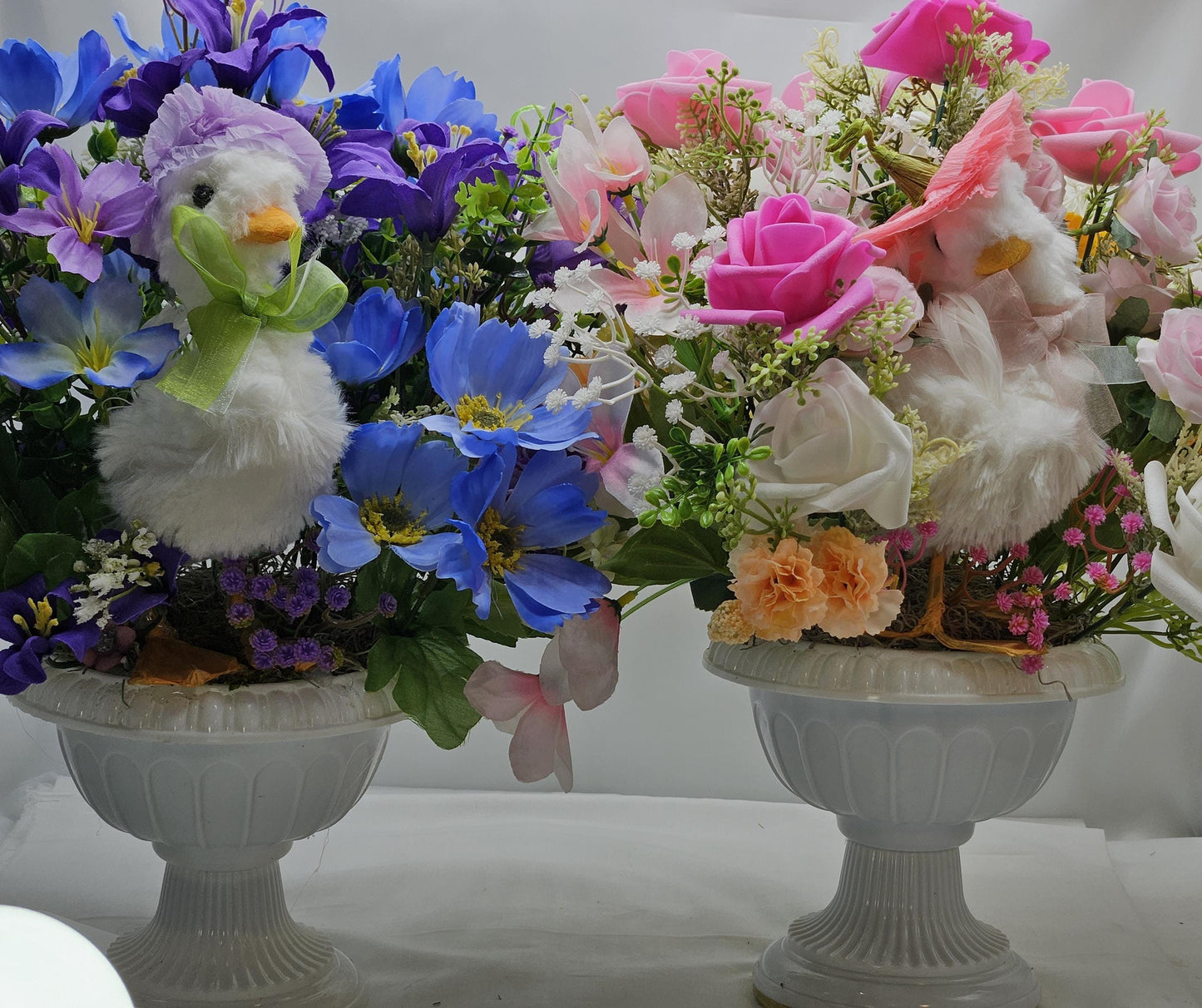 Cheerful or Shy Goose Figure Pedestal Bowl/Twoo Options/Blue/Purple or Pink/White/Lilies, Roses, Other Florals, Greenery, Baby's Breath