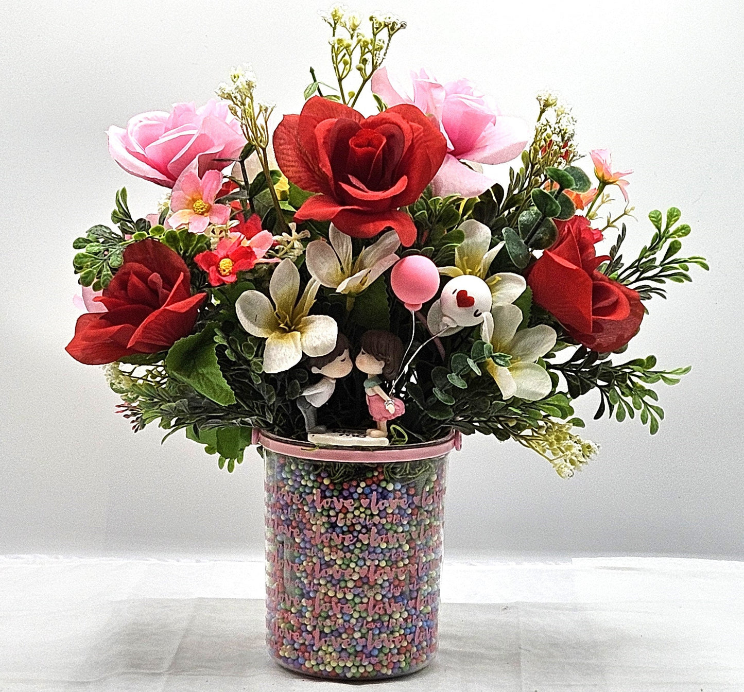 Elegant Kissing Couple Romantic Flower Arrangement for a Touch of Romance, Red/Pink/White Flowers