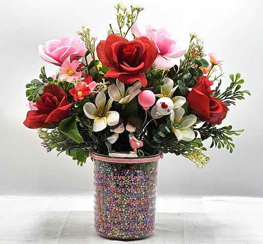 Elegant Kissing Couple Romantic Flower Arrangement for a Touch of Romance, Red/Pink/White Flowers