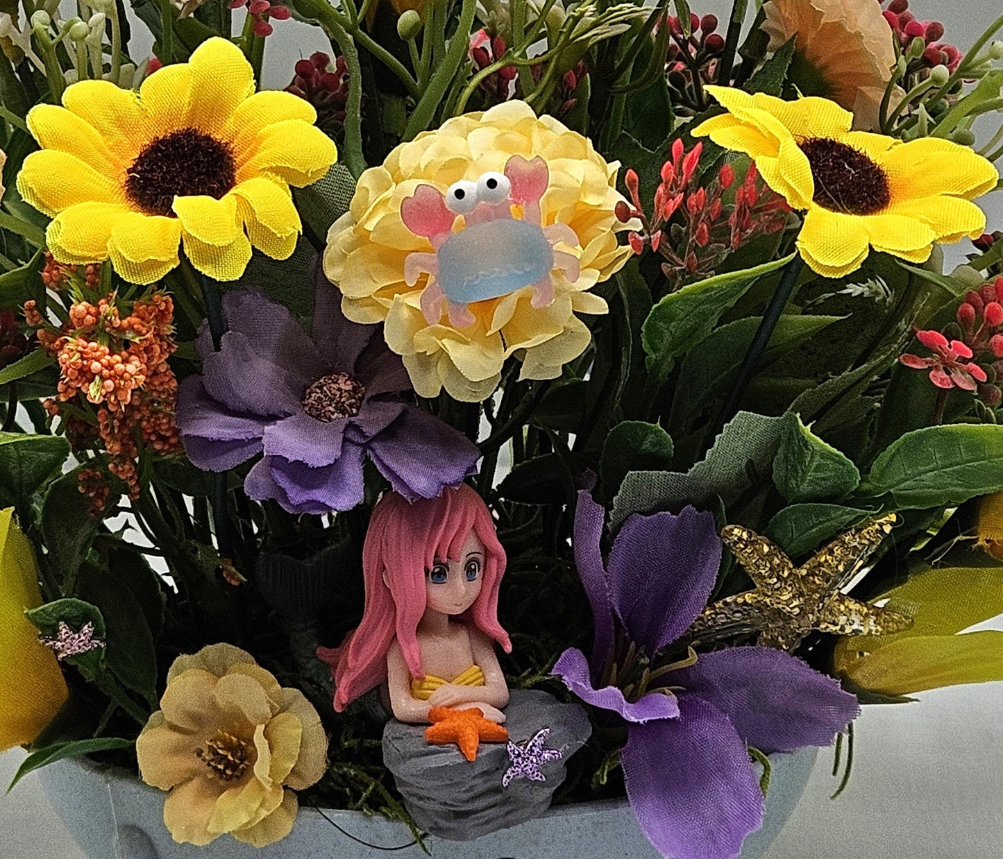 Tropical Mermaid Floral Arrangements, 2 Options, Pink/Blue or Yellow/Blue Multi Color Themes, Whimsical Cute Mermaids and Other Sea Life