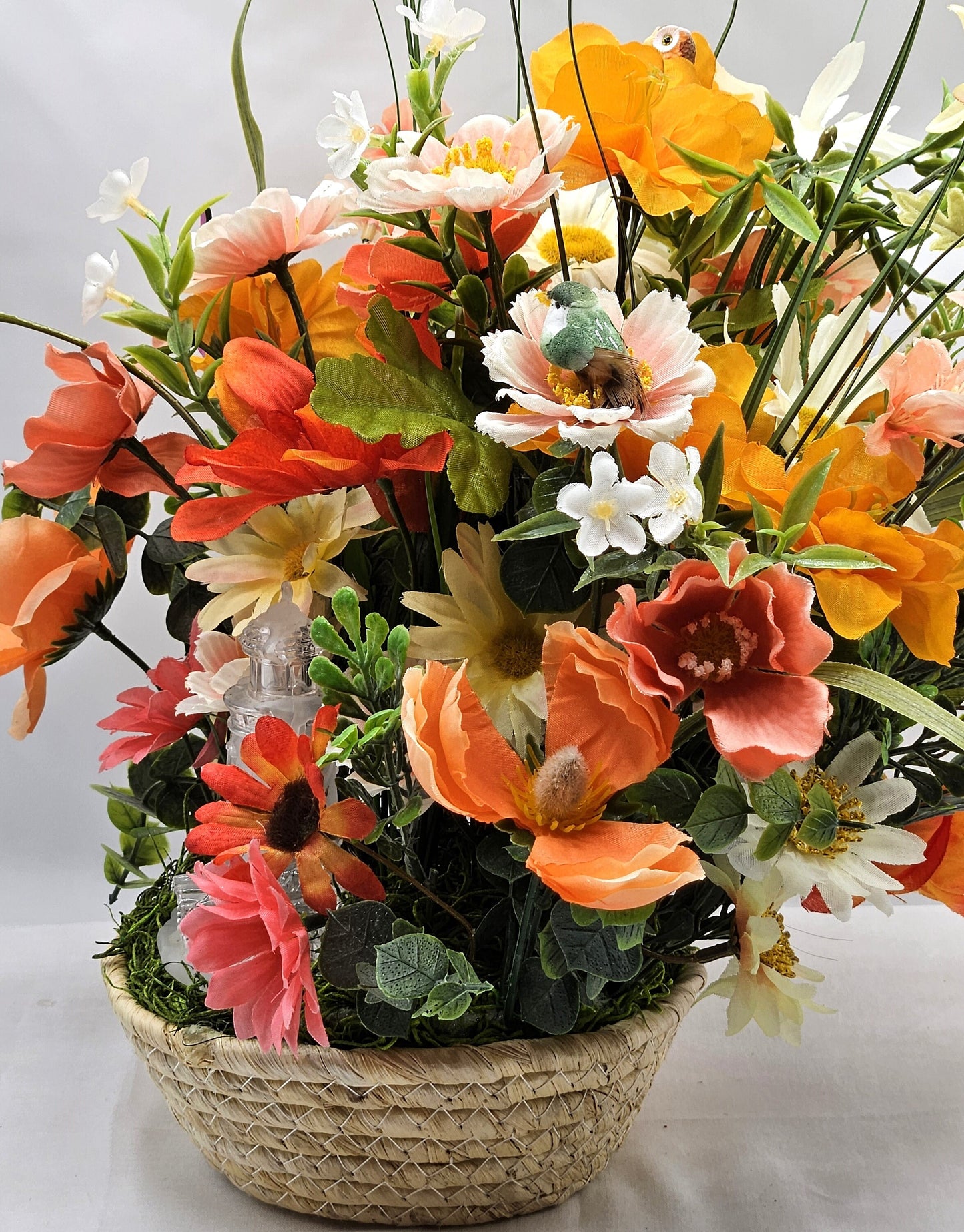 Flower Arrangement featuring a Crystal-Like Lighthouse, Yellow/Peach Wildflowers, Owl/Bird Accents/ Great Tropical Gift or Home Decor