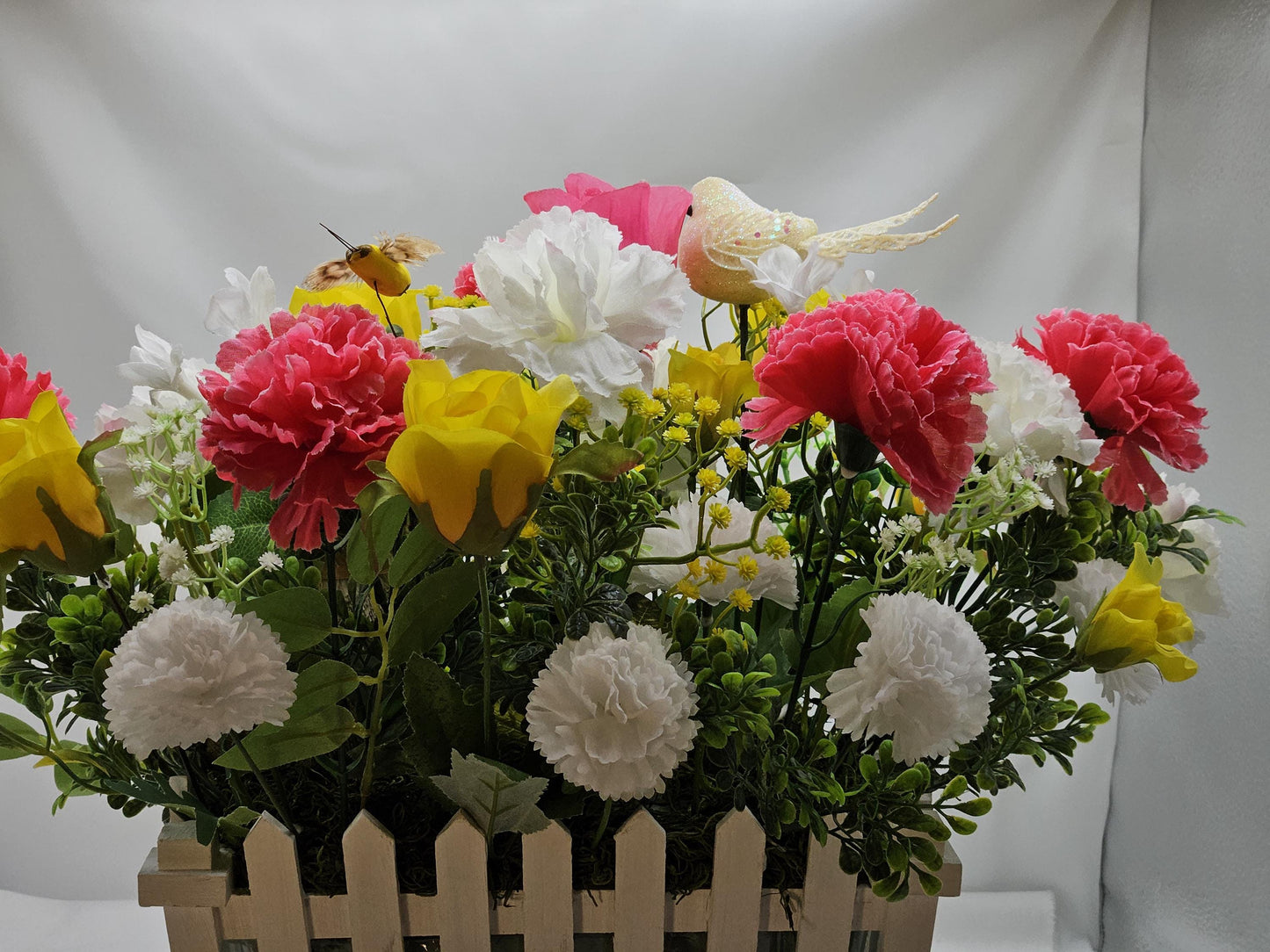 Spring/Summer Floral in Picket-Fence Look Flower Pot/with Bunny/Butterflies/Bee/Birds/Roses/Carnations/Other Vibrant Flowers/Greens