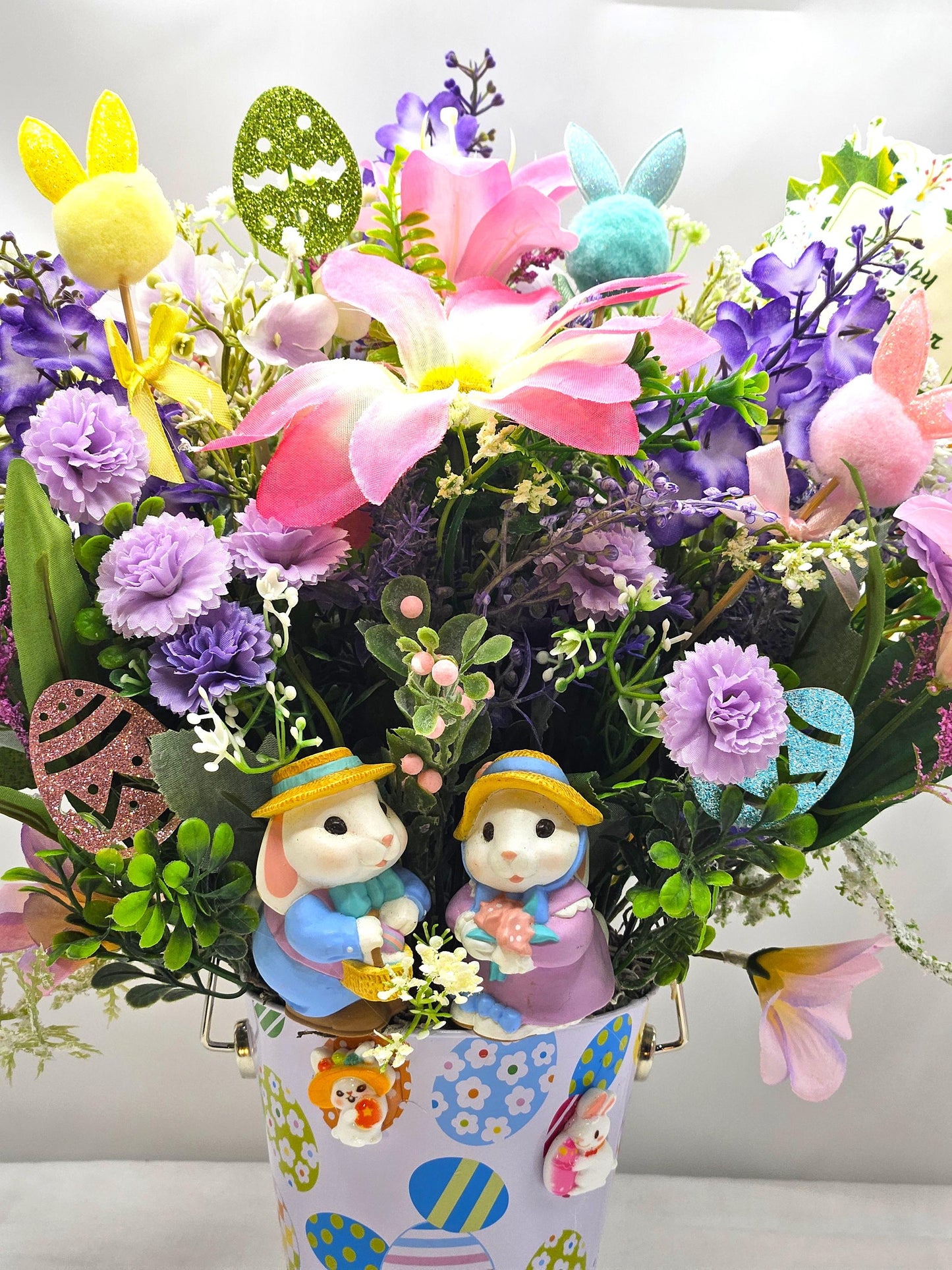 Whimsical Easter Centerpieces/Egg-Decorated Pail, 2 Options, A Ciute Rabbit Couple orr Bunnies in a Basket, Bunny/Egg Accents/Bright Florals