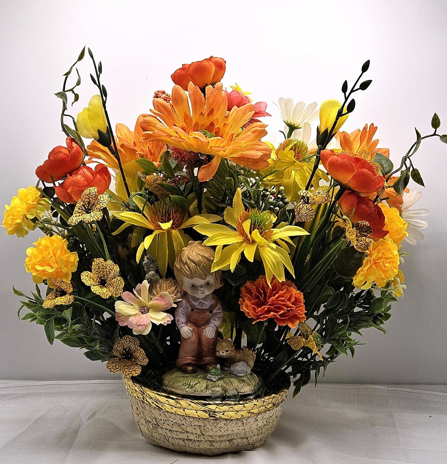 Flower Arrangement Set in Woven Basket, Boy with Cat and Turtle Figurine, Vibrant Yellow/Orange/White Flowers, Home Decor