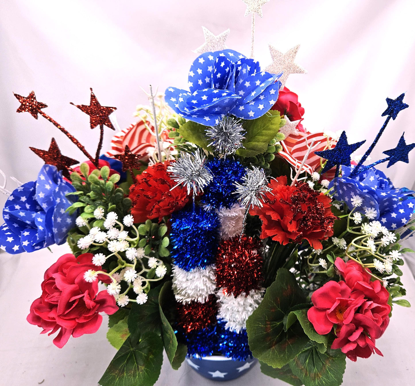 Great American Pride/Patriotic Floral Arrangements/2 Options/FireCracker or Cowboy Cow/Red/Whte/Blue Flowers/Stars Other Patriotic Accents