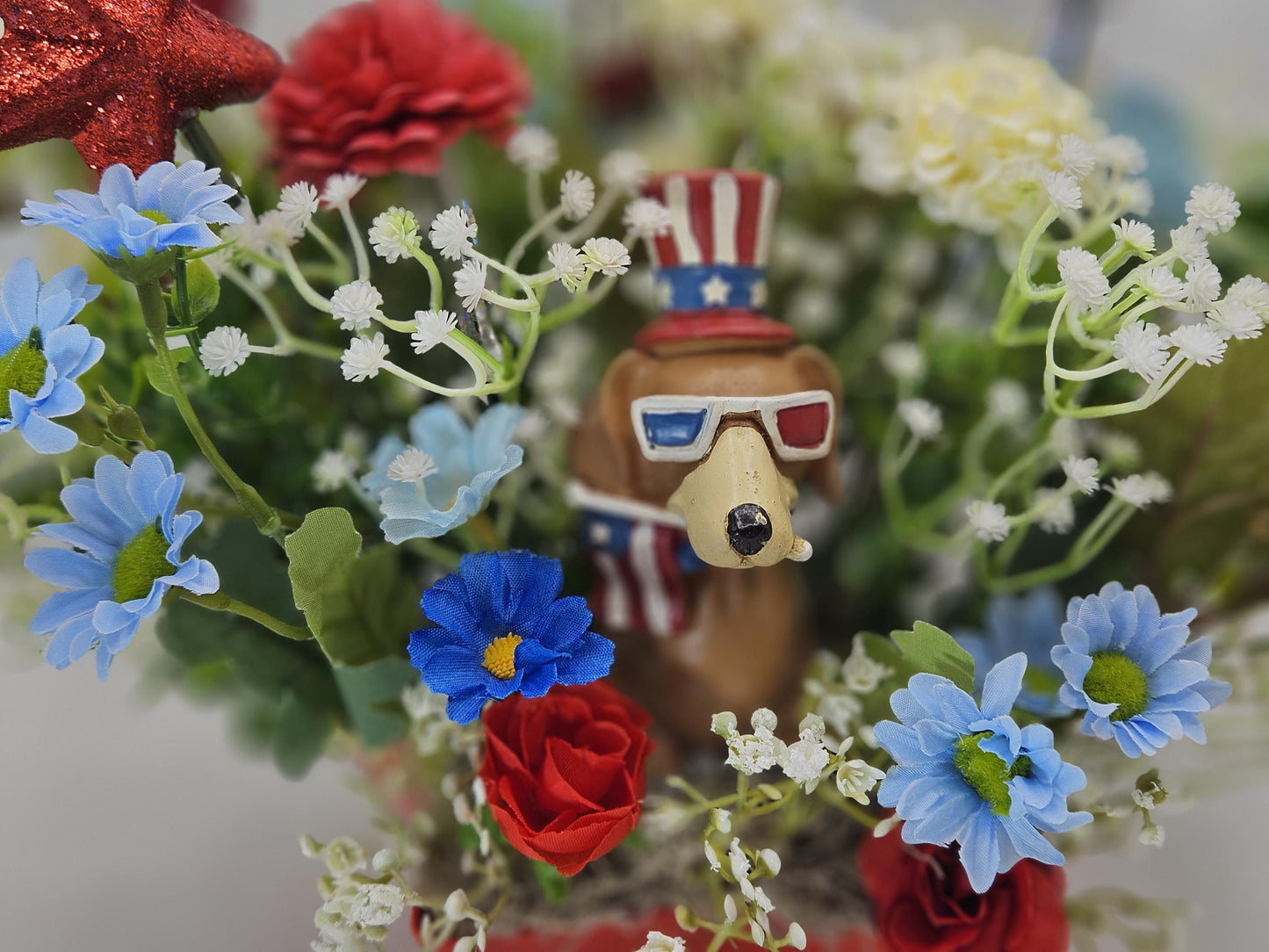 Dog Lovers Patriotic Florals/Two Options/Bully Type Dog or a Chihuahua Set in a  Star Shaped Dish wRed/White/Blue Flowers/Patriotic Accents