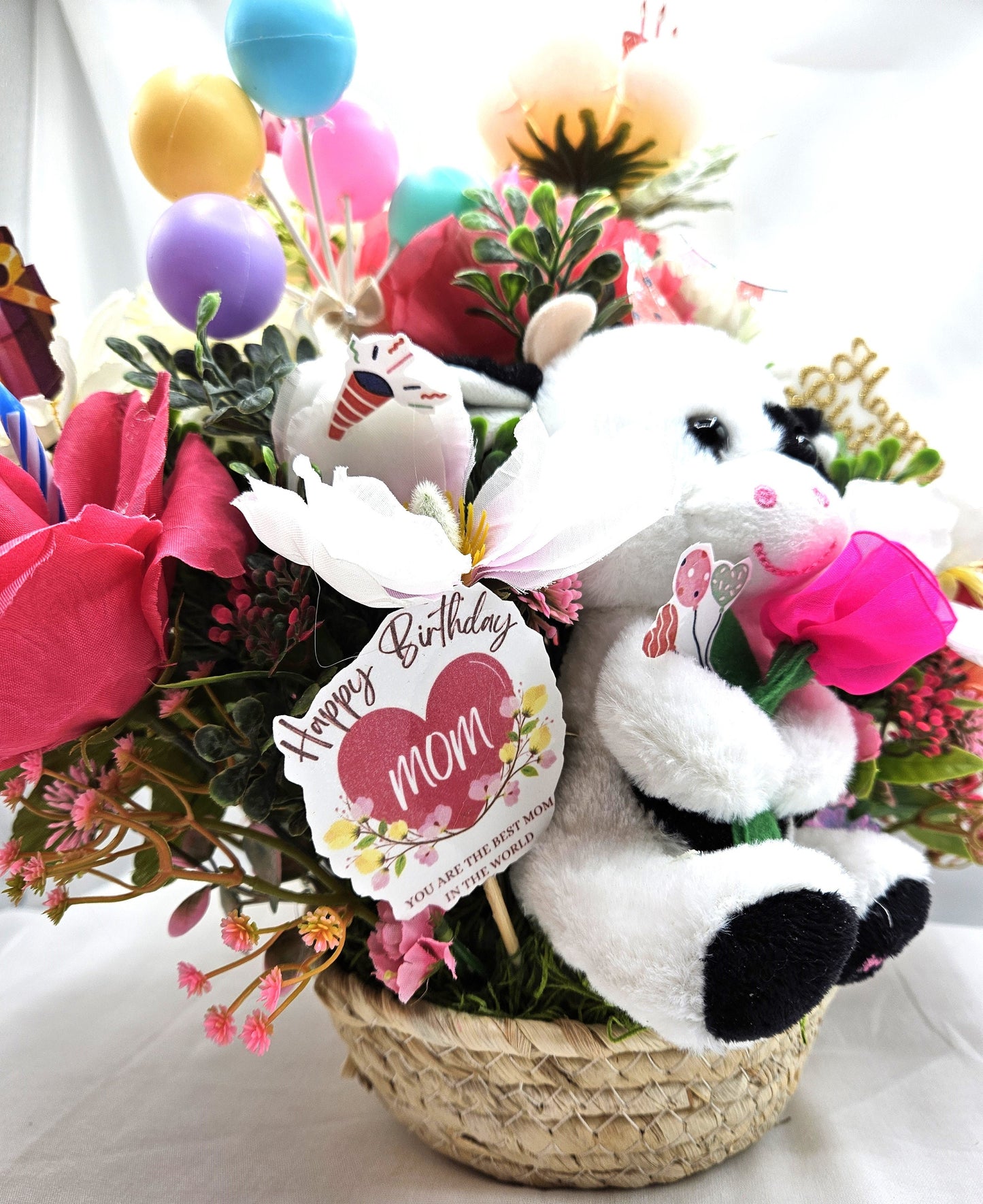 Happy Birthday Flower Arrangements, Two Options, Mom Birthday, Presents, Candles, Balloons, Happy Birthday Sign, Cute Cows, Party Hats