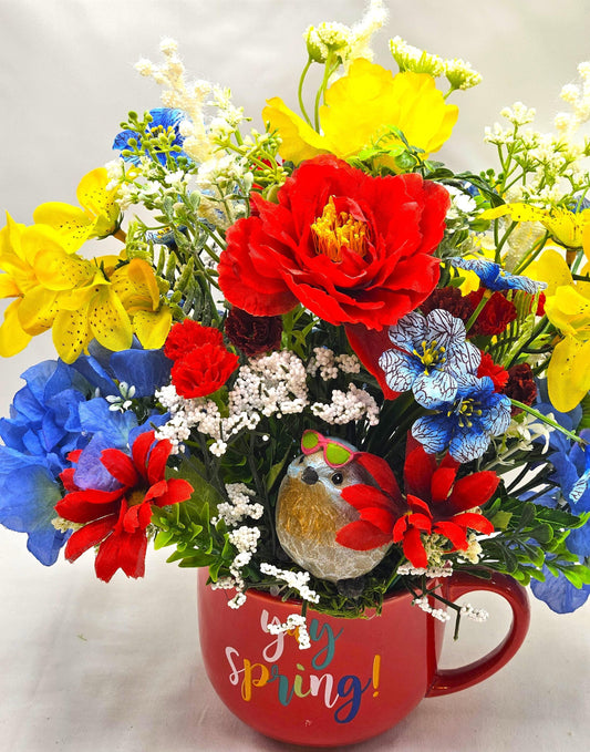 Yay, Spring is Sprung, Floral in Red Ceramic Mug, Cheery Bird Sits in Front of Vibrant Red/Yellow/Blue Spring/Summer Flowers/Decor/Gifting