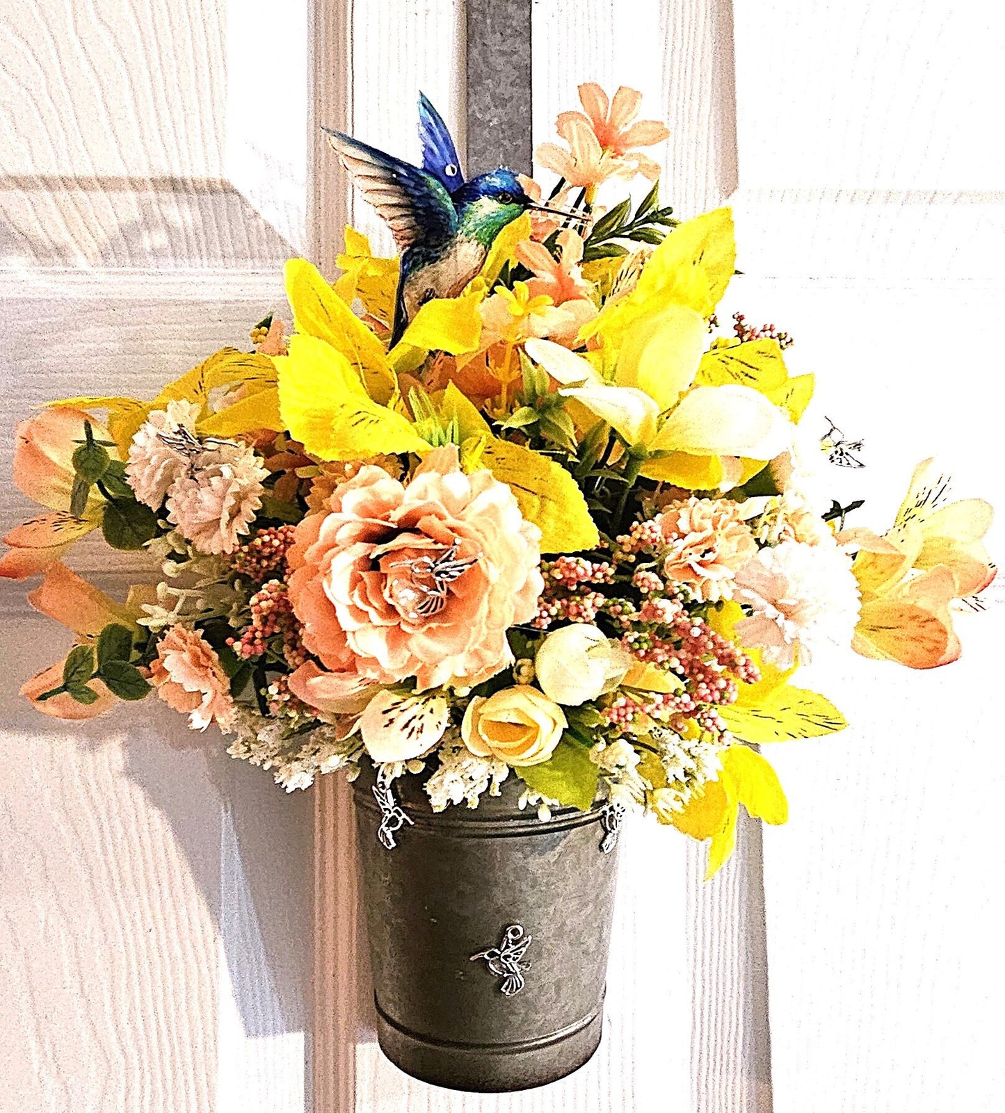 Hummingbird Flower Arrangments, 2 Options, Hummingbird Lover Creations in Yellow/Peach or Piink/Purple Floral Colors, Lots of Hummingbirds