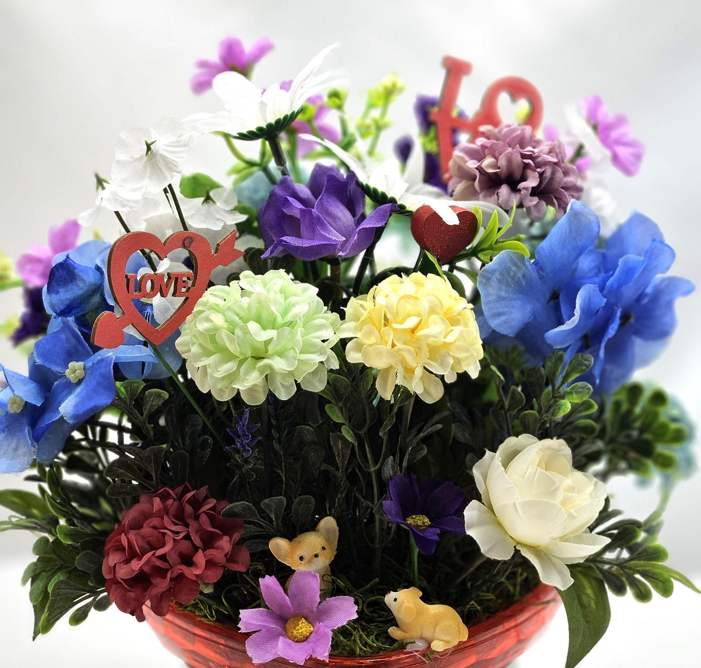 Charming Floral Arrangement in Heart-Shaped Dish, 3 Choices,  Pick from Bunnies or Llamas, Deer SOLD, Gift for Her, Any Occasion