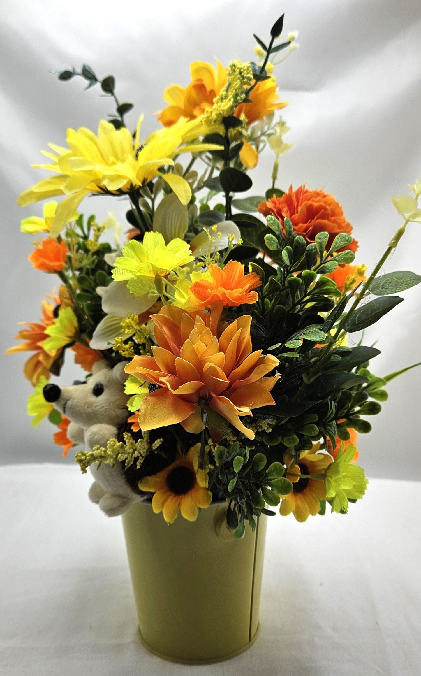 Cute Hedgehogs in a Bright, Vivid Cheerful Yellow floral Garden, A Plush Hedgehog Plus Smaller ones Scattered Throughout the Floral Piece