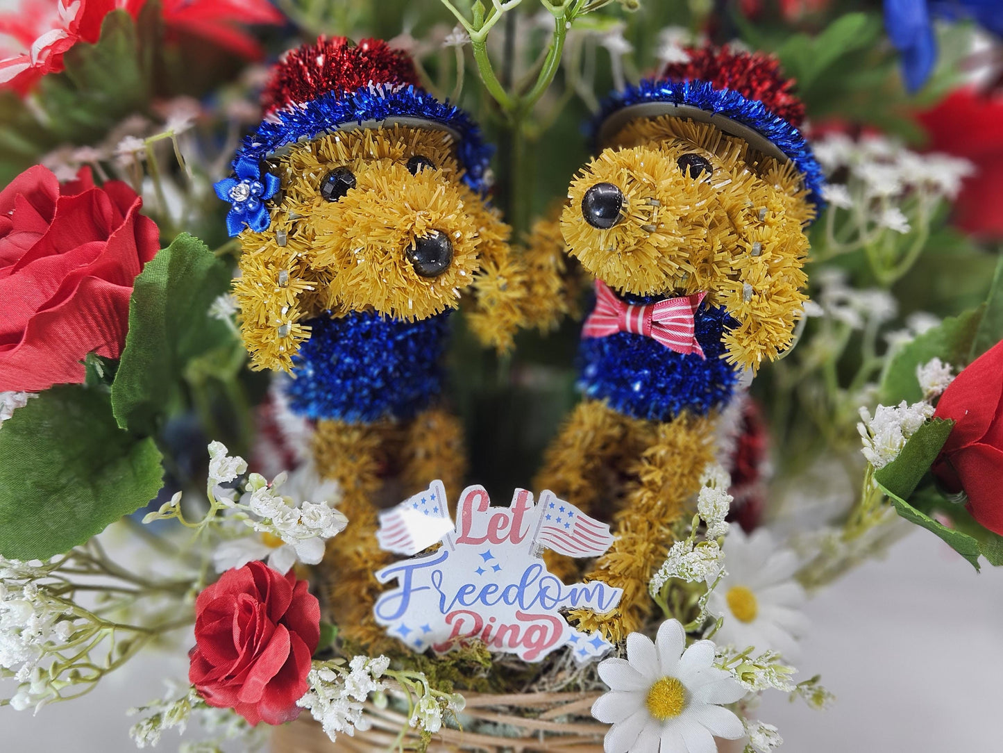 Patriotic American Dog Garden Decor with Red White Blue Roses, Baby’s Breath & Sparkly Stars – USA Outdoor Decoration