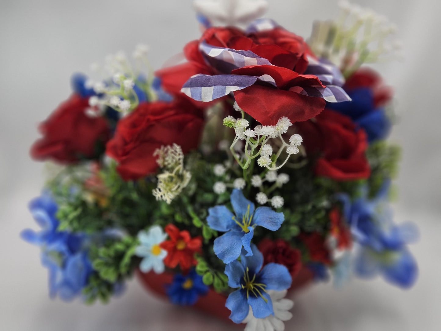 Patriotic Cat Floral Arrangement – Belly-Up Kitten or Lying Cat in Star Dish with Red White Blue Flowers