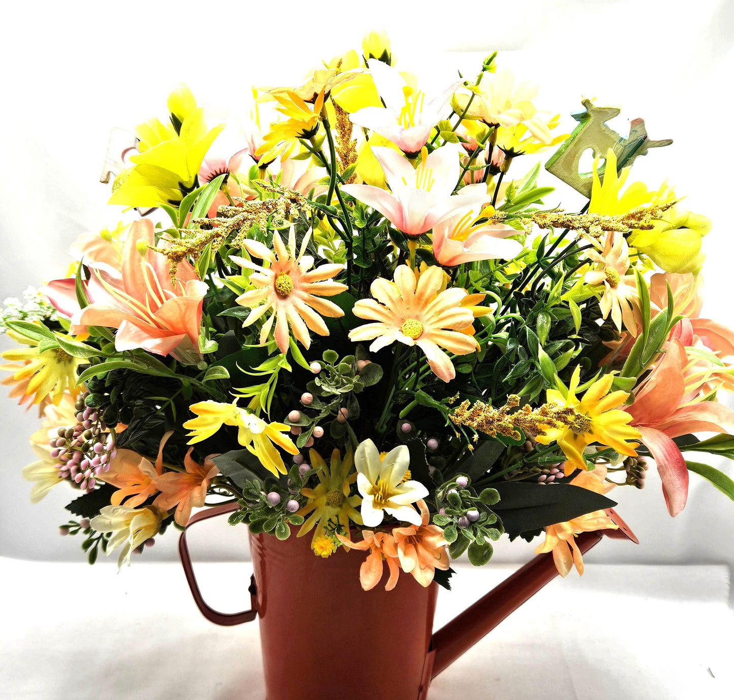 For the bird lover, Spring/Summer Floral Arrangement Set in Orange Watering Can w/Birds Atop Mushrooms/Other Bird Accents/Colorful Flowers