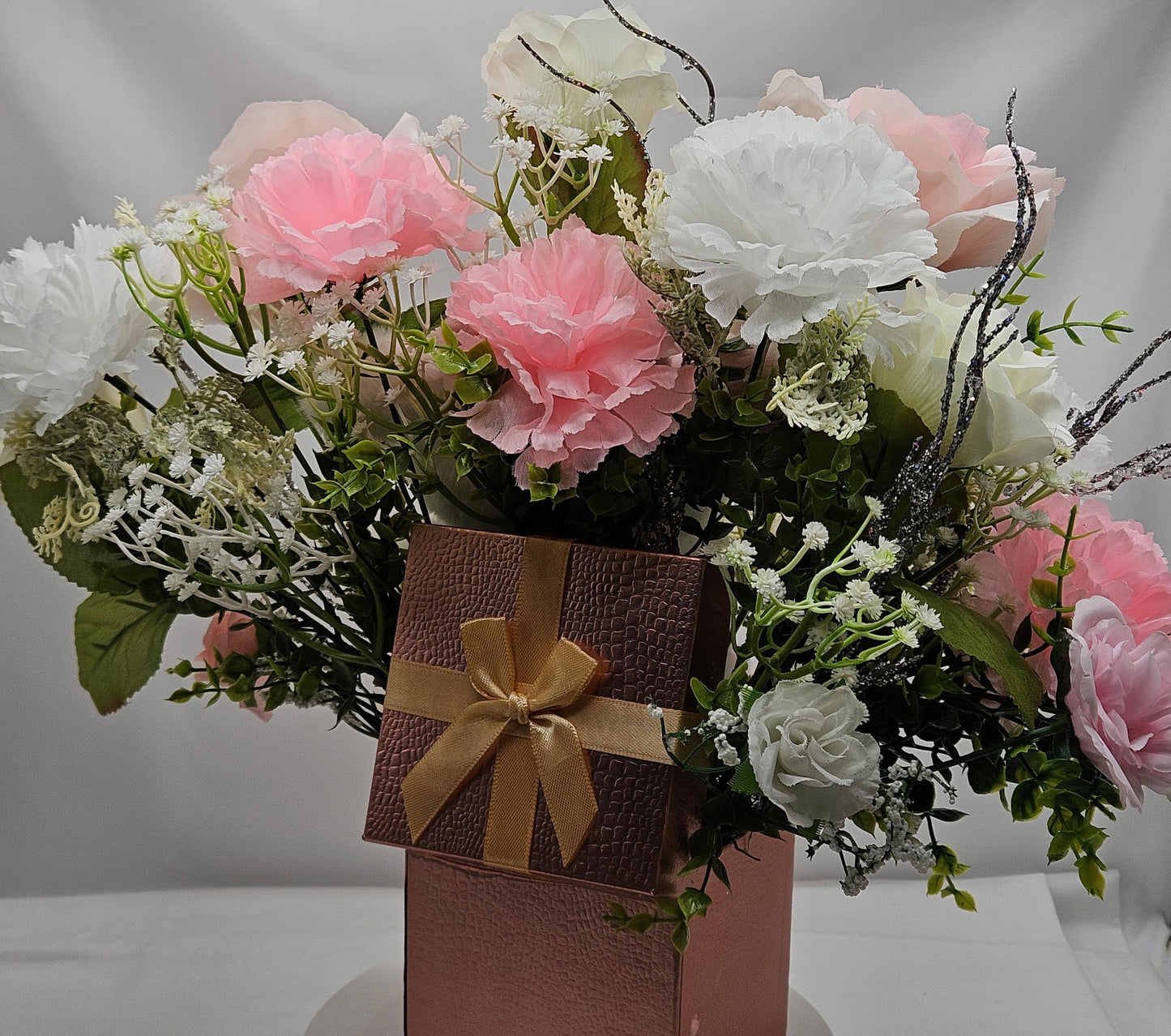 Gift Box of Flowers, Cute Pink/White Cow w/sign I Love My Mom Sign Amidst Elegant Carnations/Roses in Box, Great Gift Idea for any Occasion