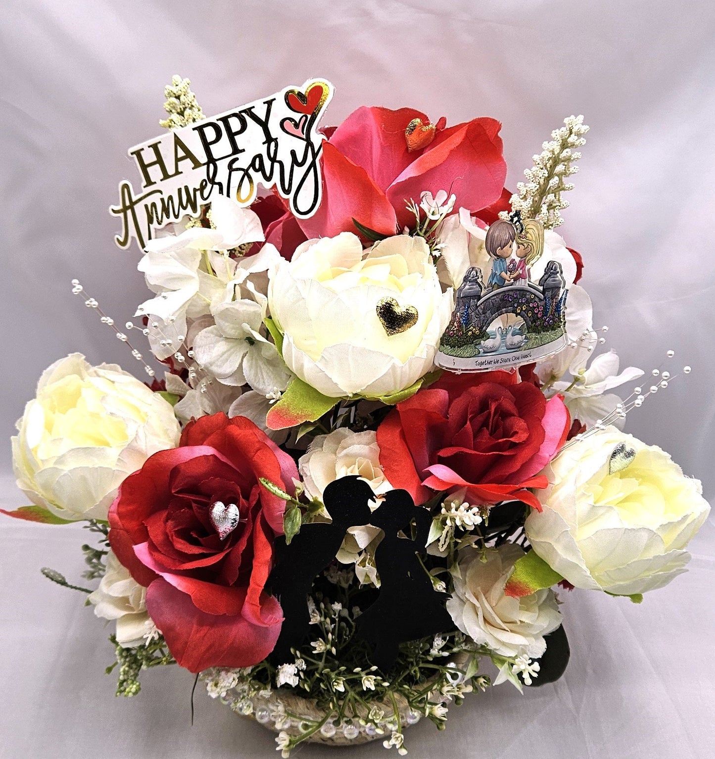 Happy Anniversary Flower Arrangement Features Shadow Kissing Couple, Sentimental Sign, Together We Share One Heart, Shiny Hearts/Pearl Trim