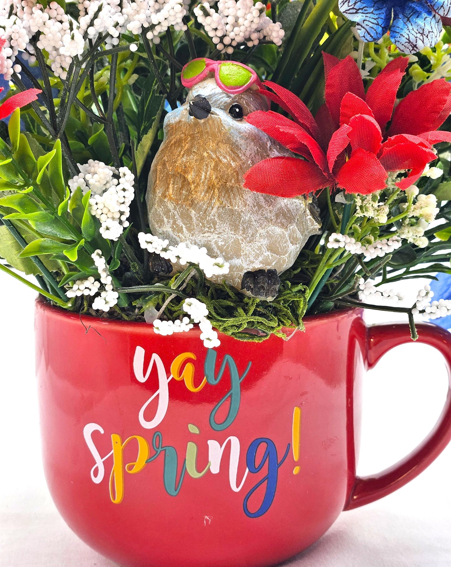 Yay, Spring is Sprung, Floral in Red Ceramic Mug, Cheery Bird Sits in Front of Vibrant Red/Yellow/Blue Spring/Summer Flowers/Decor/Gifting