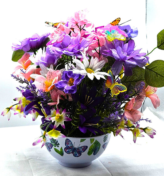 Bowl of Flowers for the Butterfly Lover,  Purple/Pink flowers, Several buterflies within the floral garden, Great Butterly Lover Gift