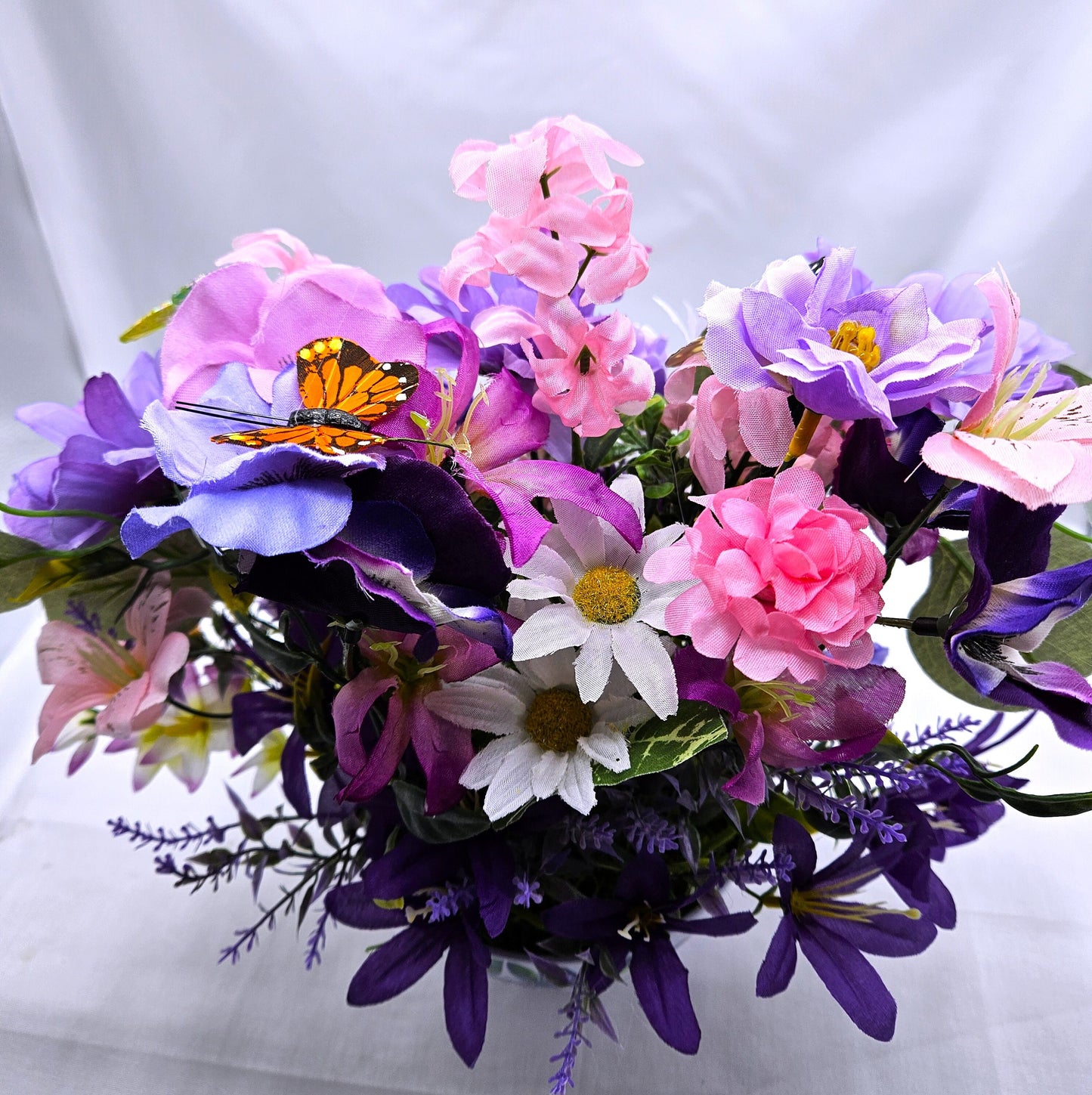 Bowl of Flowers for the Butterfly Lover,  Purple/Pink flowers, Several buterflies within the floral garden, Great Butterly Lover Gift