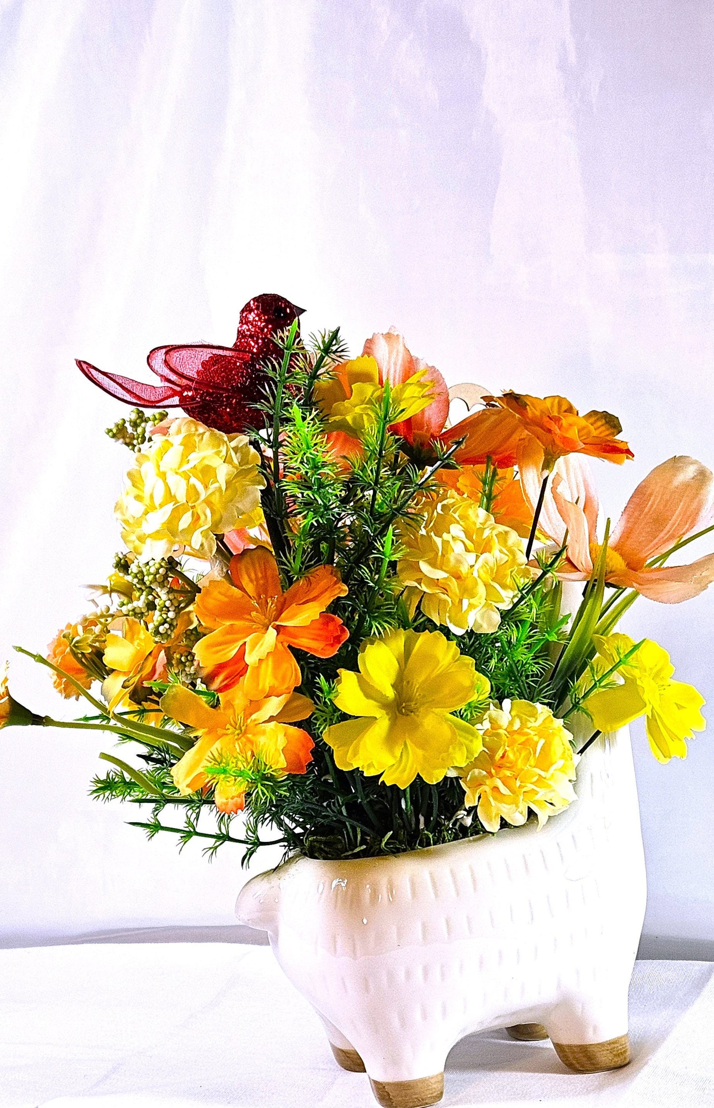 Love Ceramic Llama Arrangement: Peach/Yellow Blooms with Heartfelt Messages & Cute Bird, Perfect for Romantic Gift Occasions