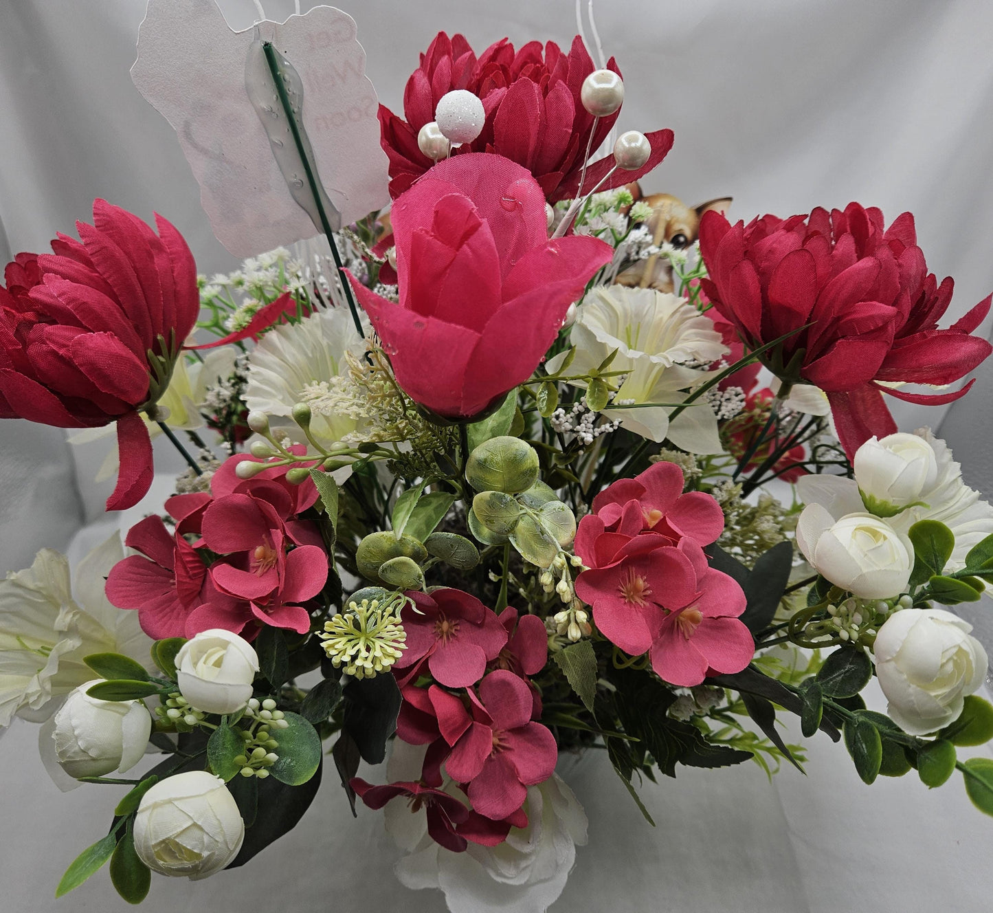 Get Well/Feel Better Floral Arrangeements Featuring Cheerful Chihuahua Pups Amidst a Red/White Flower Garden/Baby's Breath/Glitter Accents