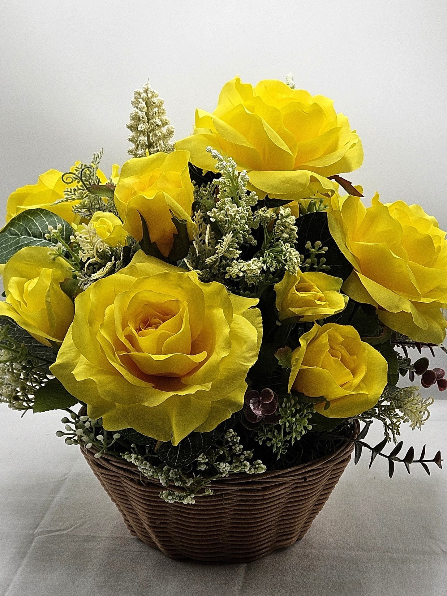 Floral Elegance for Mom - Yellow Roses and Baby's Breath Centerpiece, Ideal Mother's Day Gift for Home